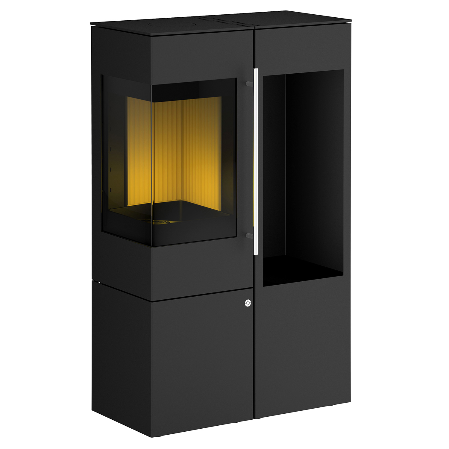Olsberg Ipala Smart Compact poêle à bois en acier noir, charnière de porte à gauche, porte en acier avec étagère en bois à droite