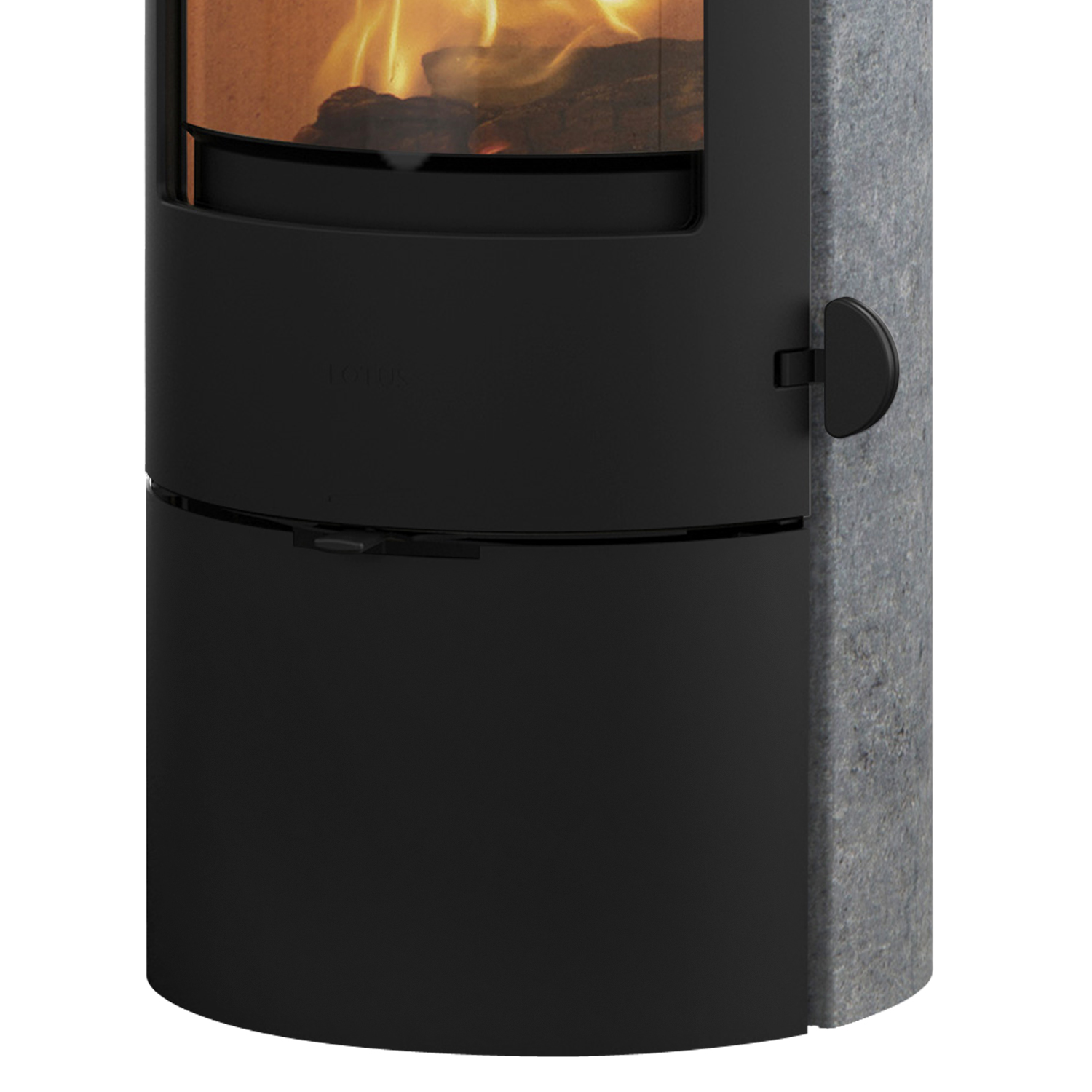 Lotus Prestige Basic S Poêle à bois en pierre ollaire, porte noire, évacuation des fumées par le haut.
