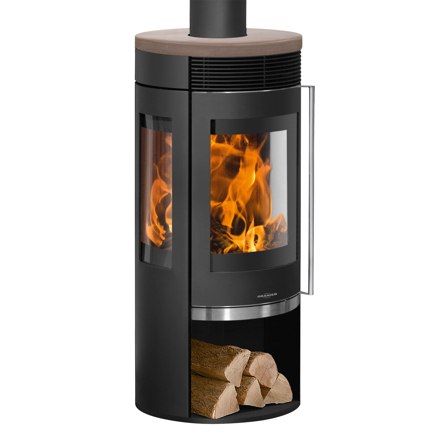 Oranier Rota TRE 2.0 Poêle à bois en acier noir avec plaque de recouvrement en céramique Grappa