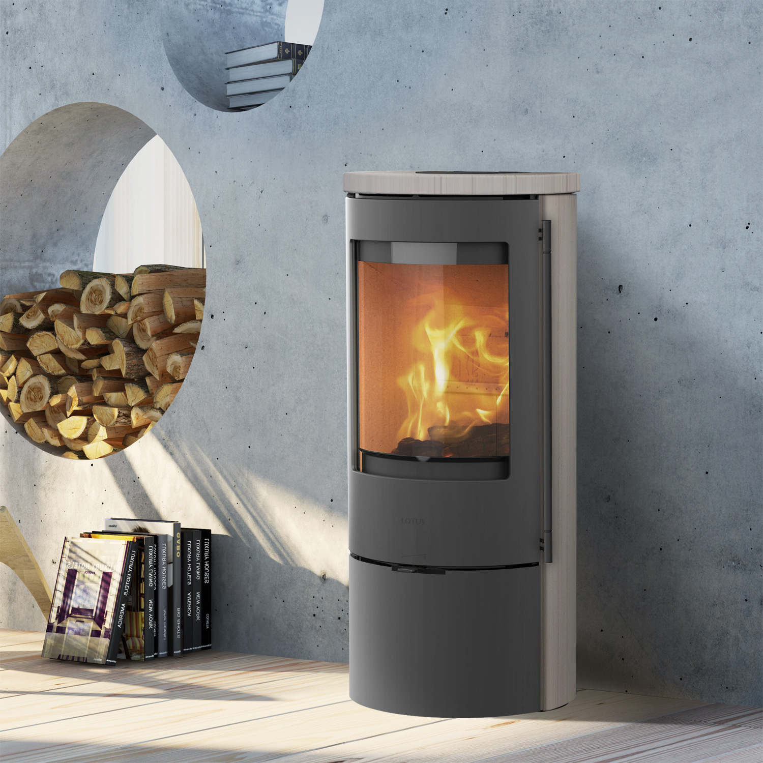 Lotus Prestige Basic S Poêle à bois Limestone, Corps Gris, DIBt, Raccordement du conduit de fumée à l'arrière Lotus Prestige Basic S Poêle à bois Limestone, Corps Gris, DIBt, Raccordement du conduit de fumée à l'arrière