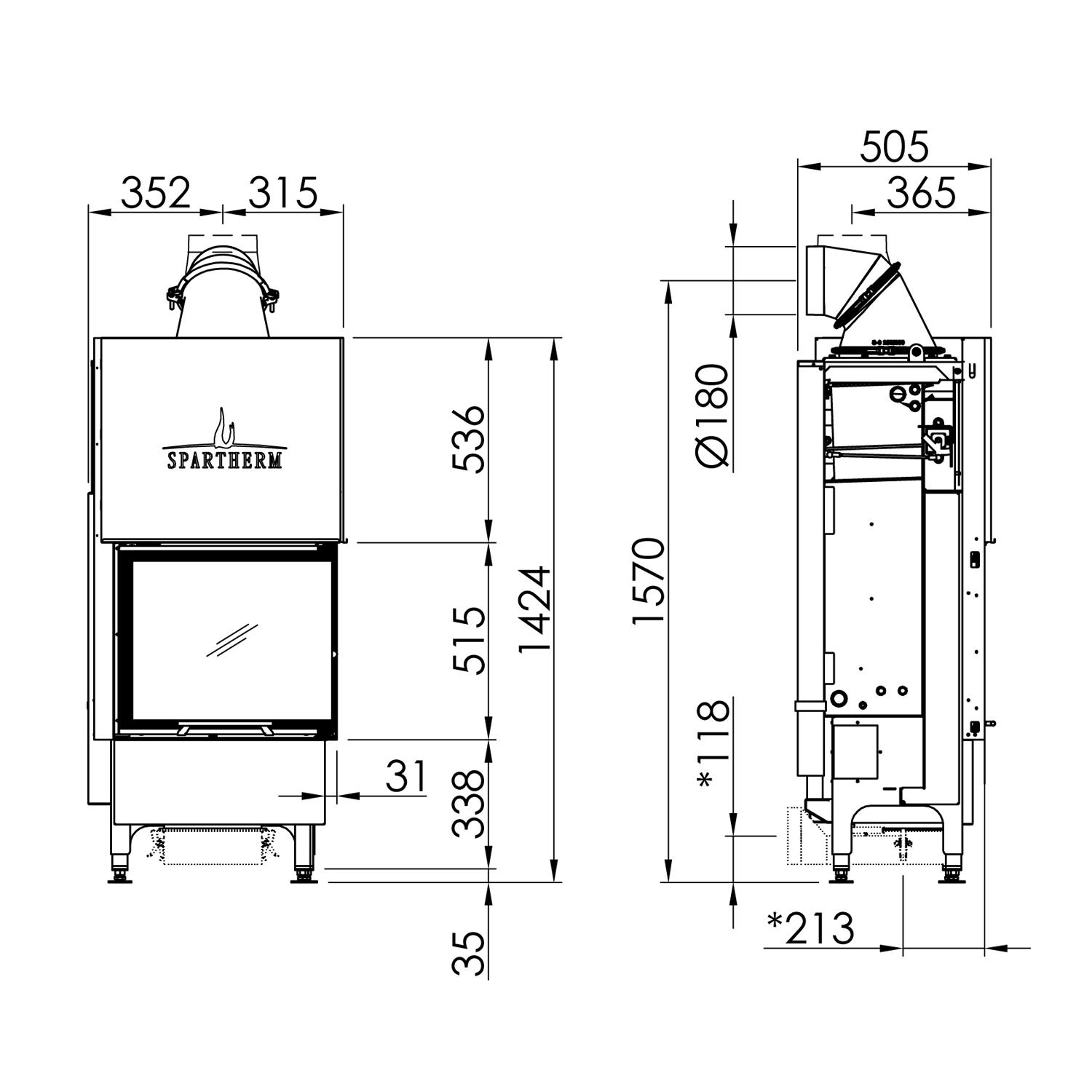 Spartherm Varia 2R-55h insert de cheminée d'angle