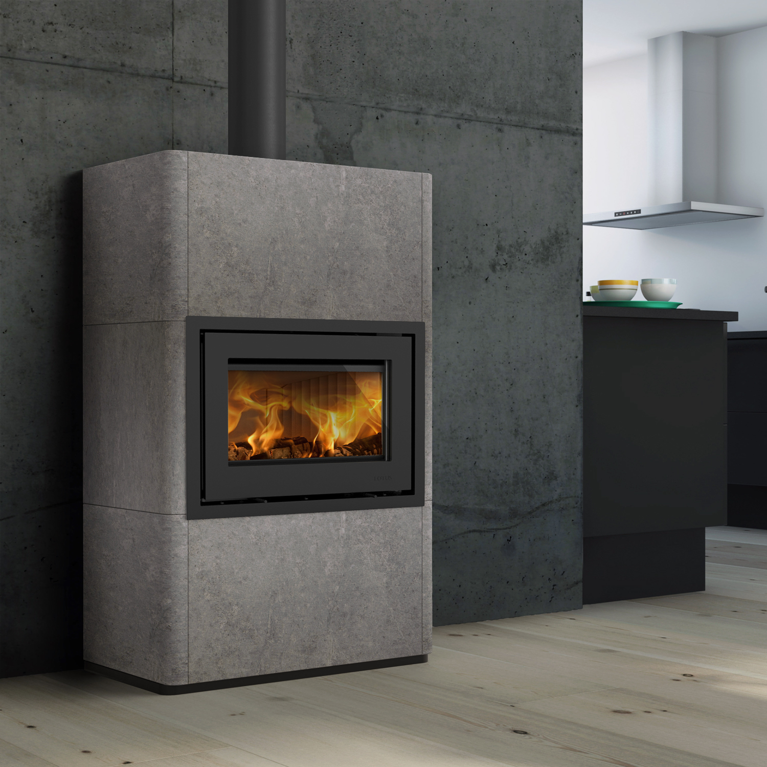 Lotus Beto 470M Poêle à bois Porte Gris, RR dessus, Plaque supérieure en acier gris et Poignée Classic H