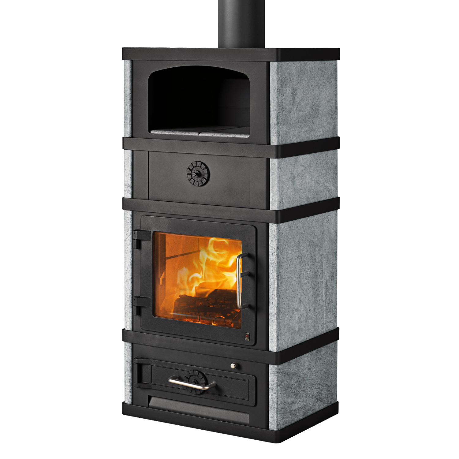 Poêle à bois Lotus 2080 avec compartiment de maintien au chaud, noir, sortie de fumée par le haut.