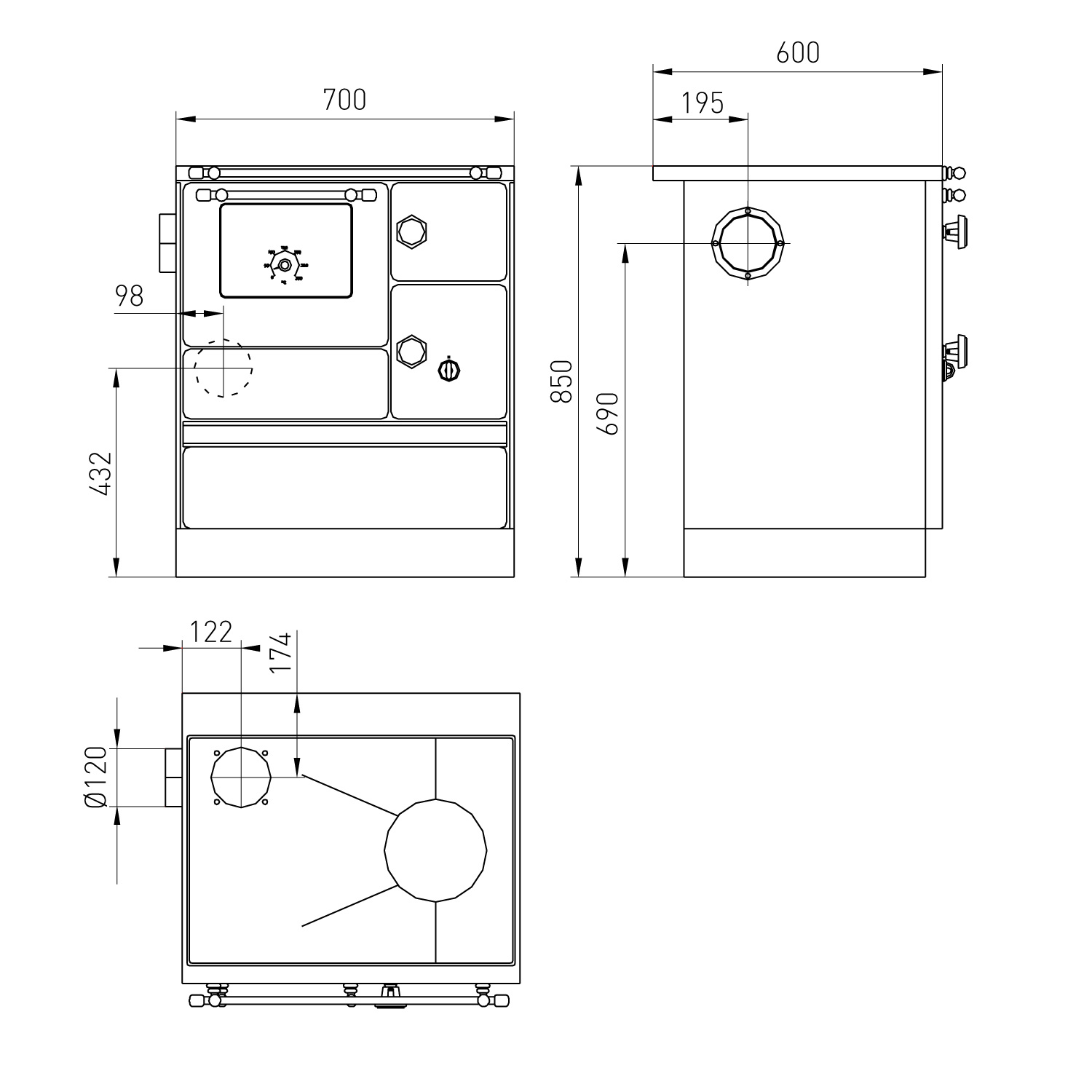 Wamsler K 176 A 70 Cuisinière en acier noir, four à gauche