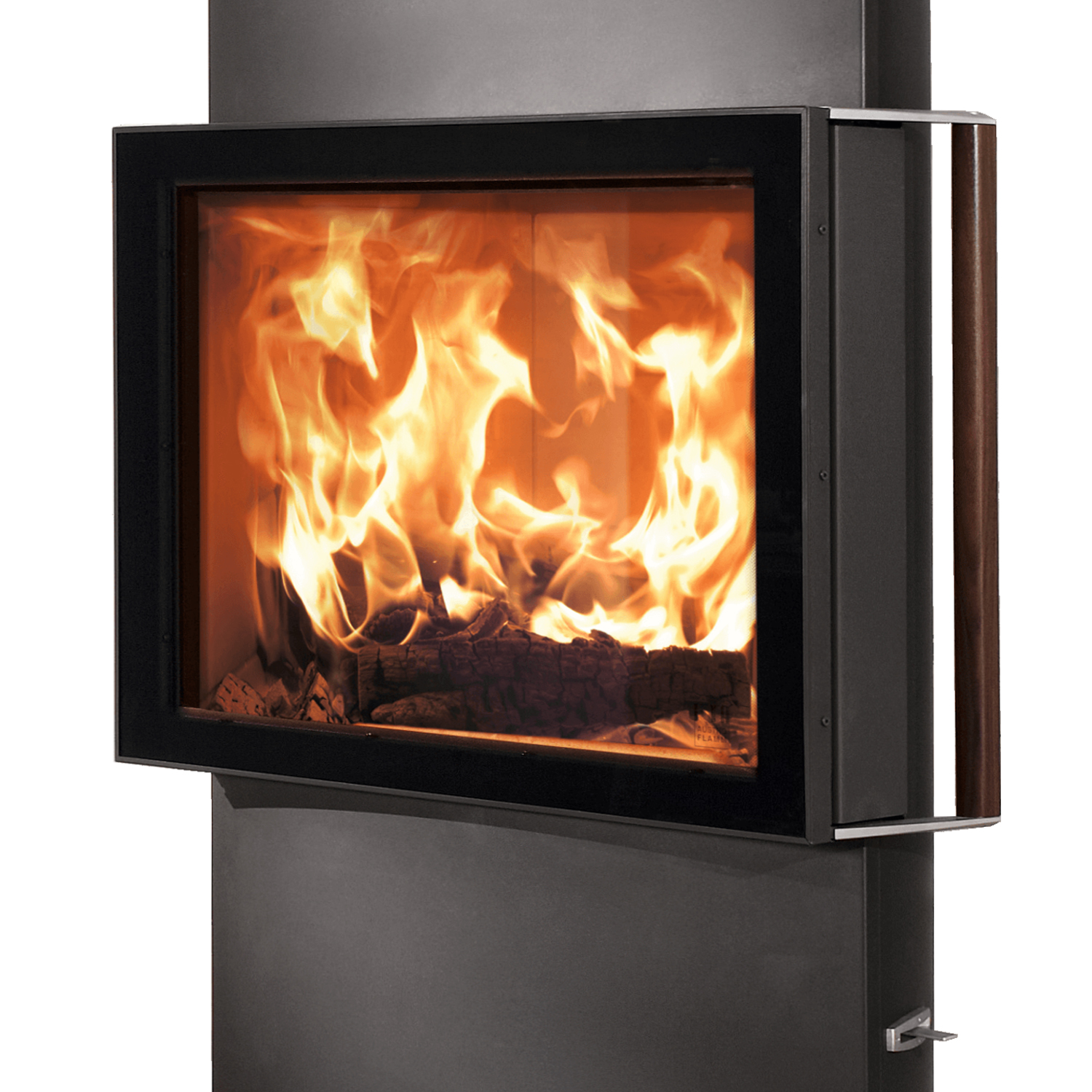 Austroflamm Lounge Xtra poêle à bois en acier gris fonte, raccordement de fumée par le haut ou à l'arrière.