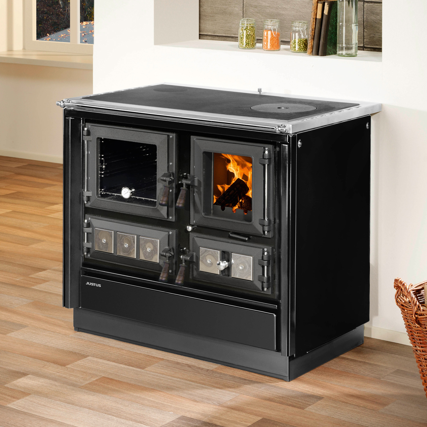 Justus Rustico-90 2.0 poêle de cuisine en acier noir, compartiment de cuisson à gauche