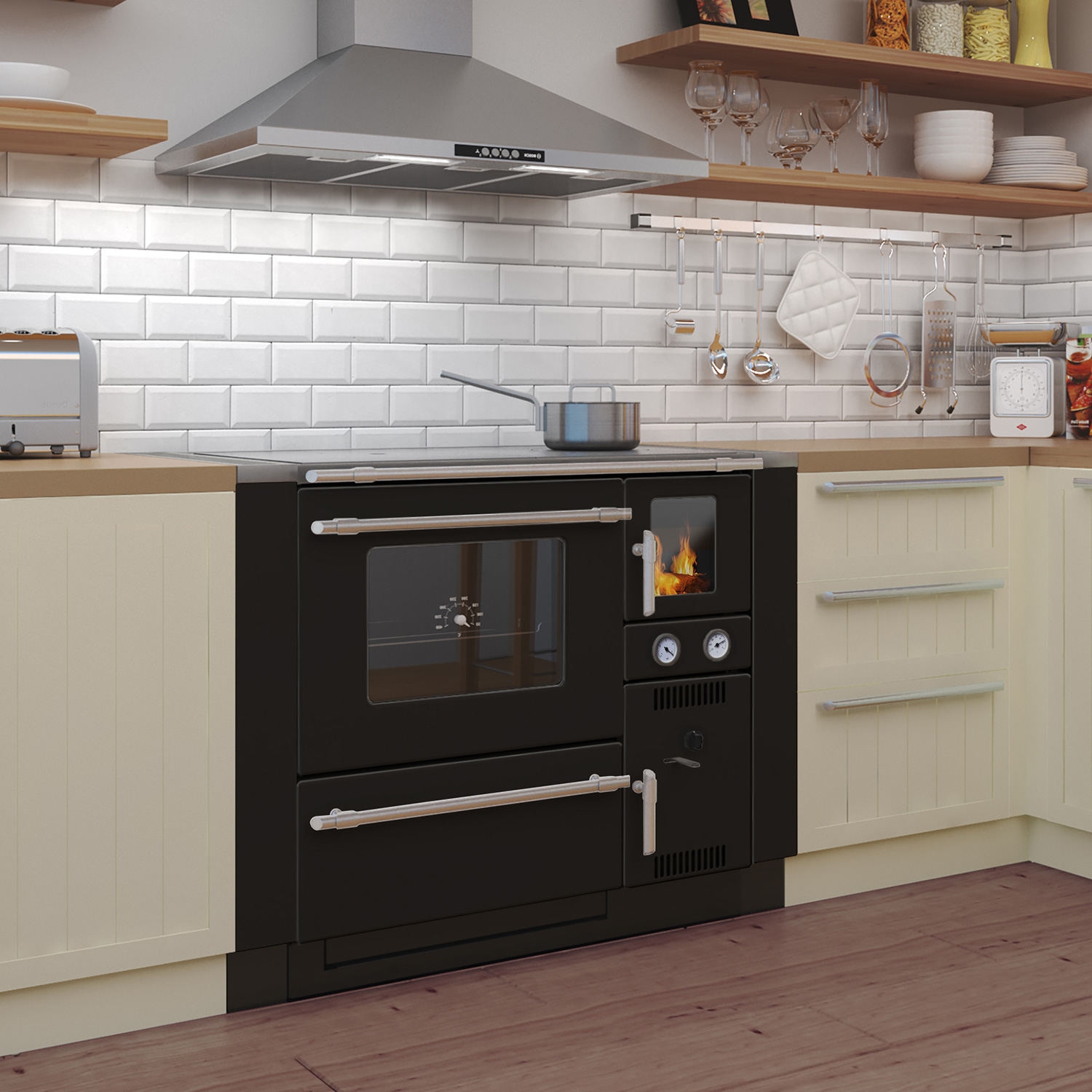 Wamsler K 148 Poêle de cuisine à eau Noir/Mat, Tuyau de fumée à gauche