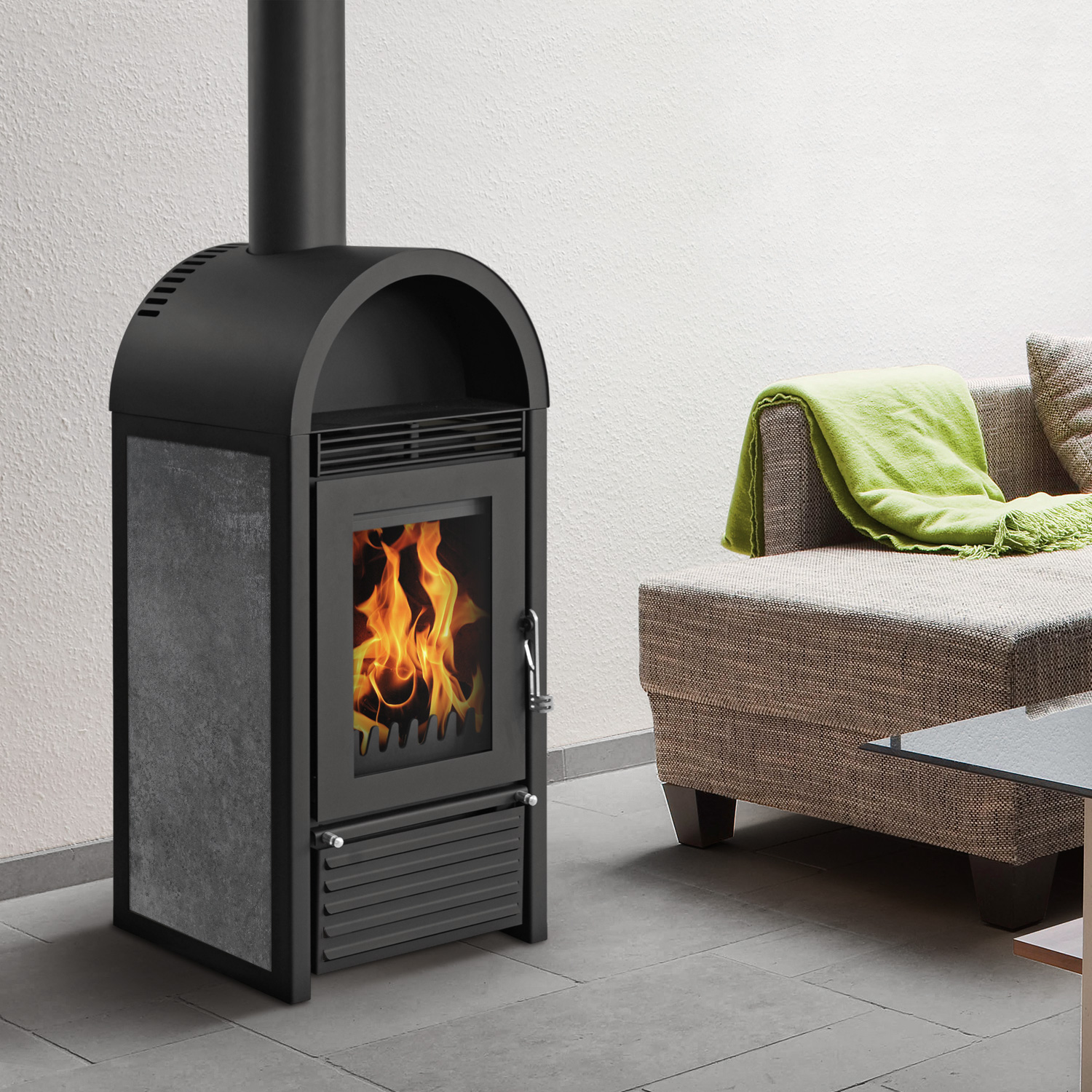 Poêle à bois avec échangeur d'eau Schmitzker Marbella céramique anthracite Poêle à bois avec échangeur d'eau Schmitzker Marbella céramique anthracite