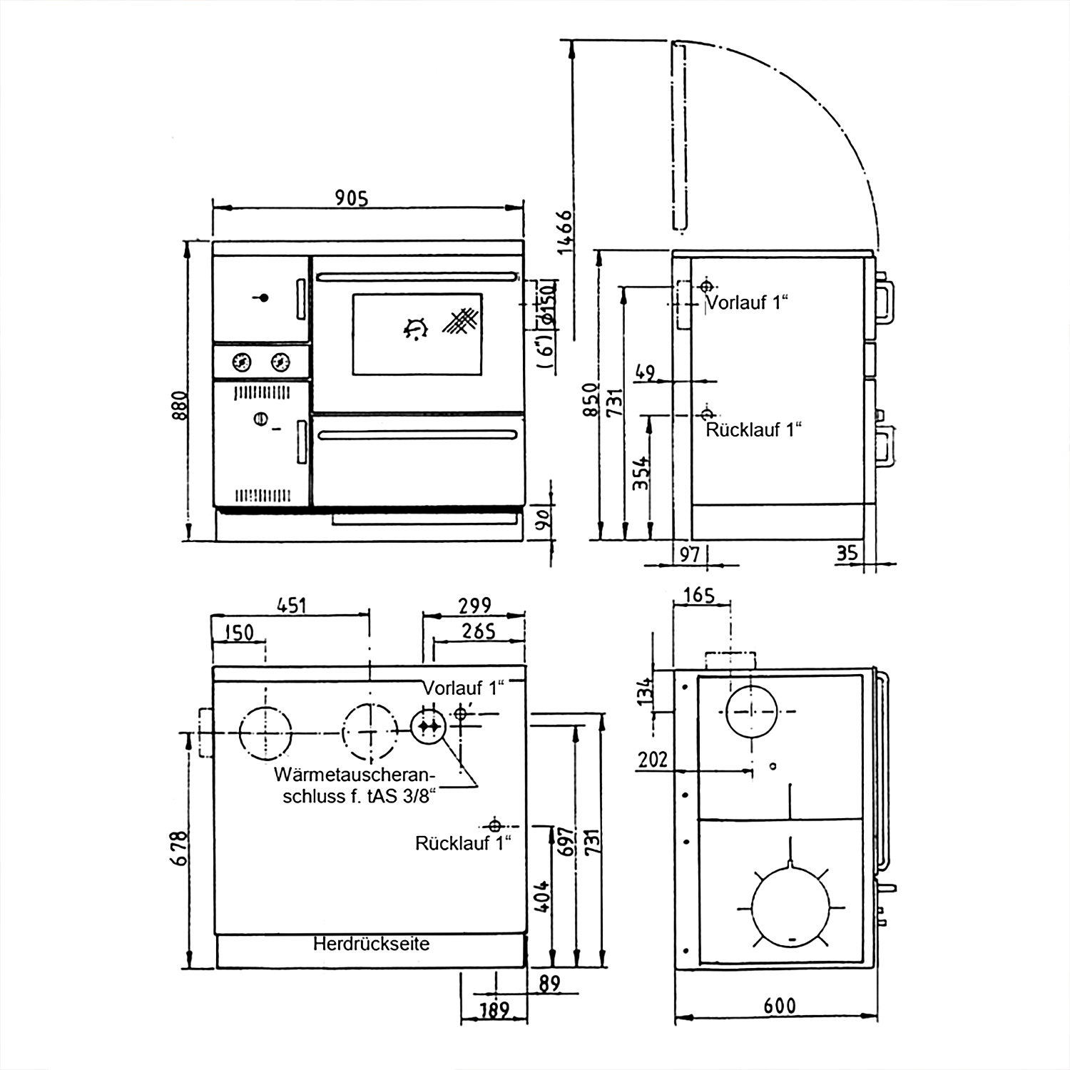 Wamsler K 148 Poêle de cuisine à eau Noir/Mat, Tuyau de fumée à droite