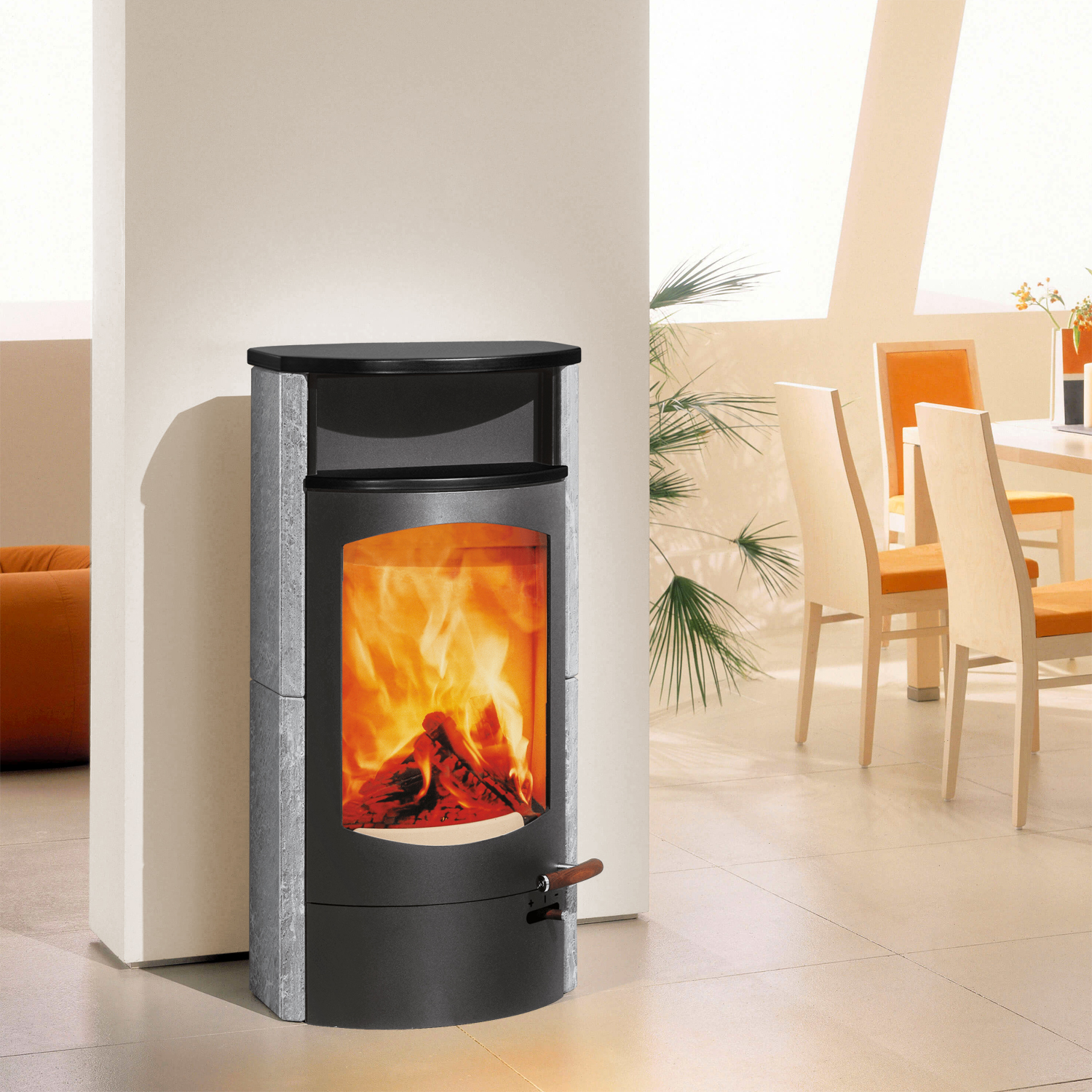 Austroflamm Koko 2.0 Poêle à bois en pierre ollaire, compartiment de maintien au chaud en céramique noir mat, plaque supérieure en céramique noir mat, sortie de fumée arrière
