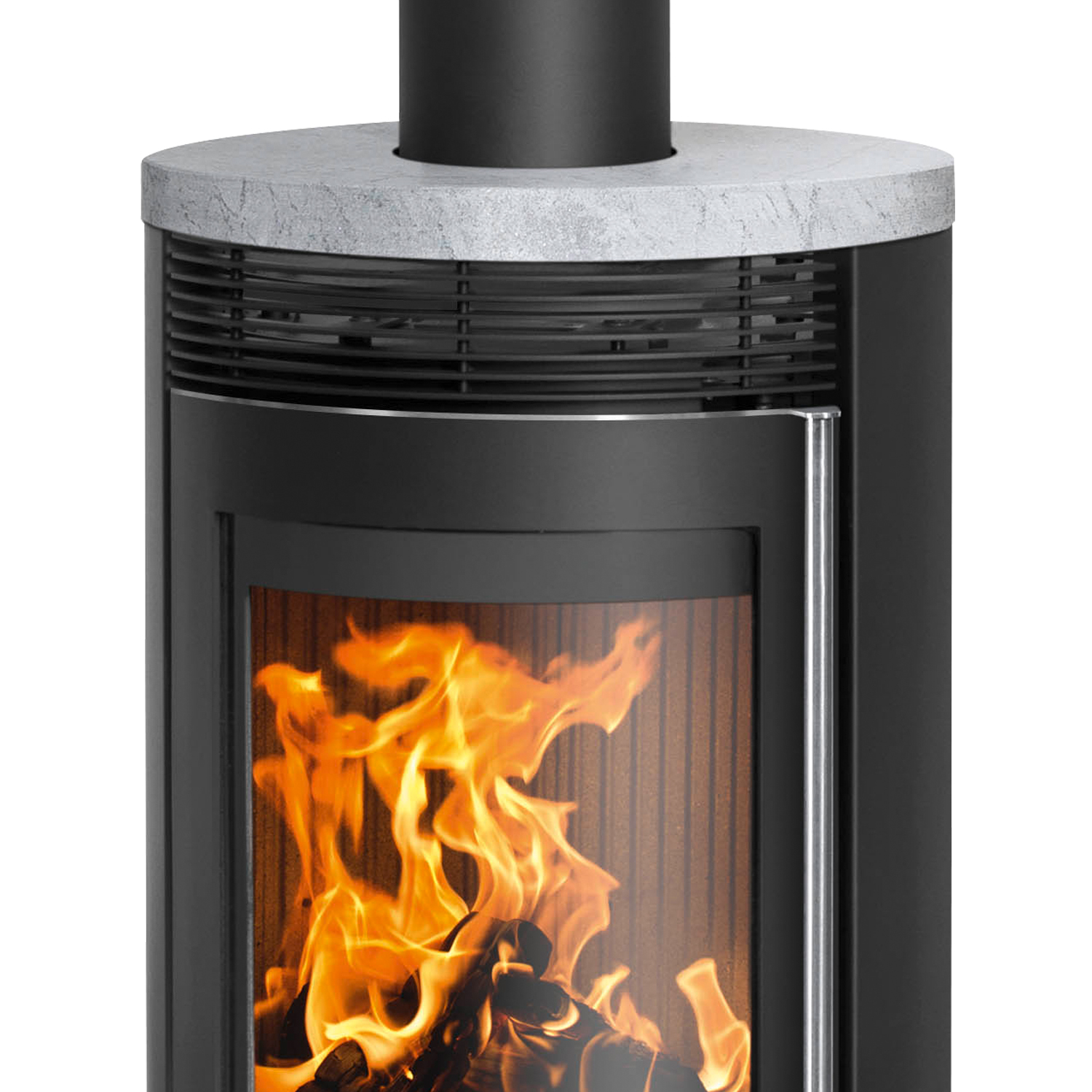 Poêle à bois Oranier Rota 2.0 en acier noir avec plaque de recouvrement en stéatite.