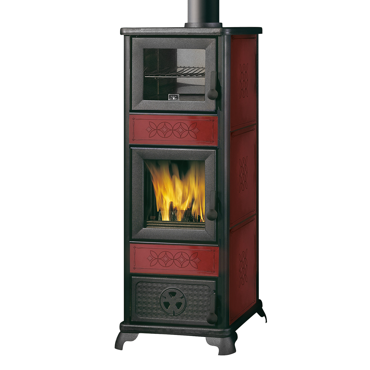 Poêle à bois EK63 Decor C en céramique bordeaux avec conduit de fumée supérieur.