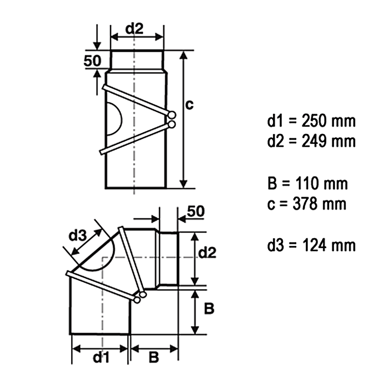 Coude de conduit de fumée Raik / Tuyau de poêle 250 mm - 0° - 90° avec ouverture de nettoyage noir