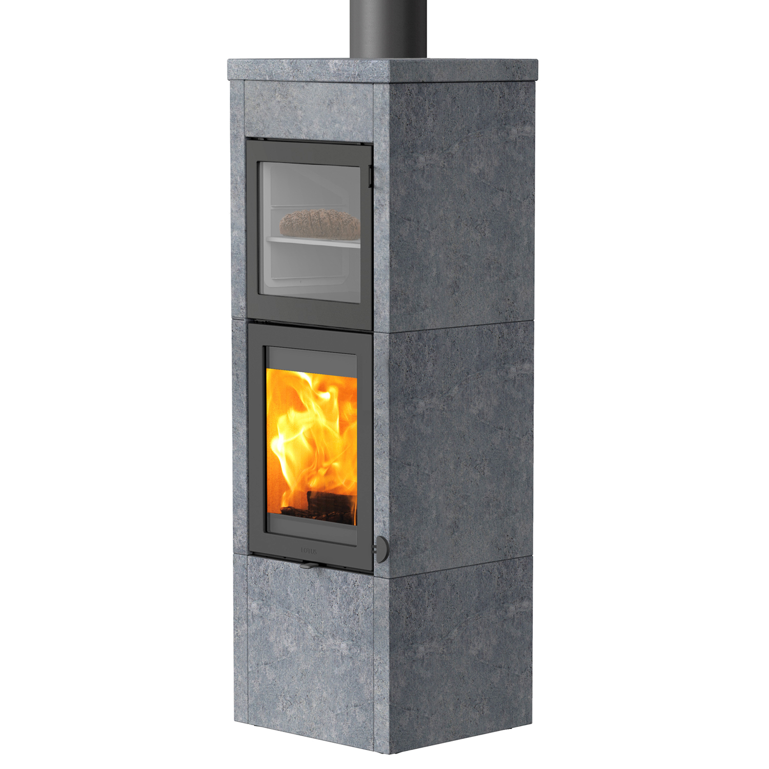 Lotus QM40 Poêle à bois en stéatite / Porte grise avec compartiment de cuisson, sortie de fumée par le haut