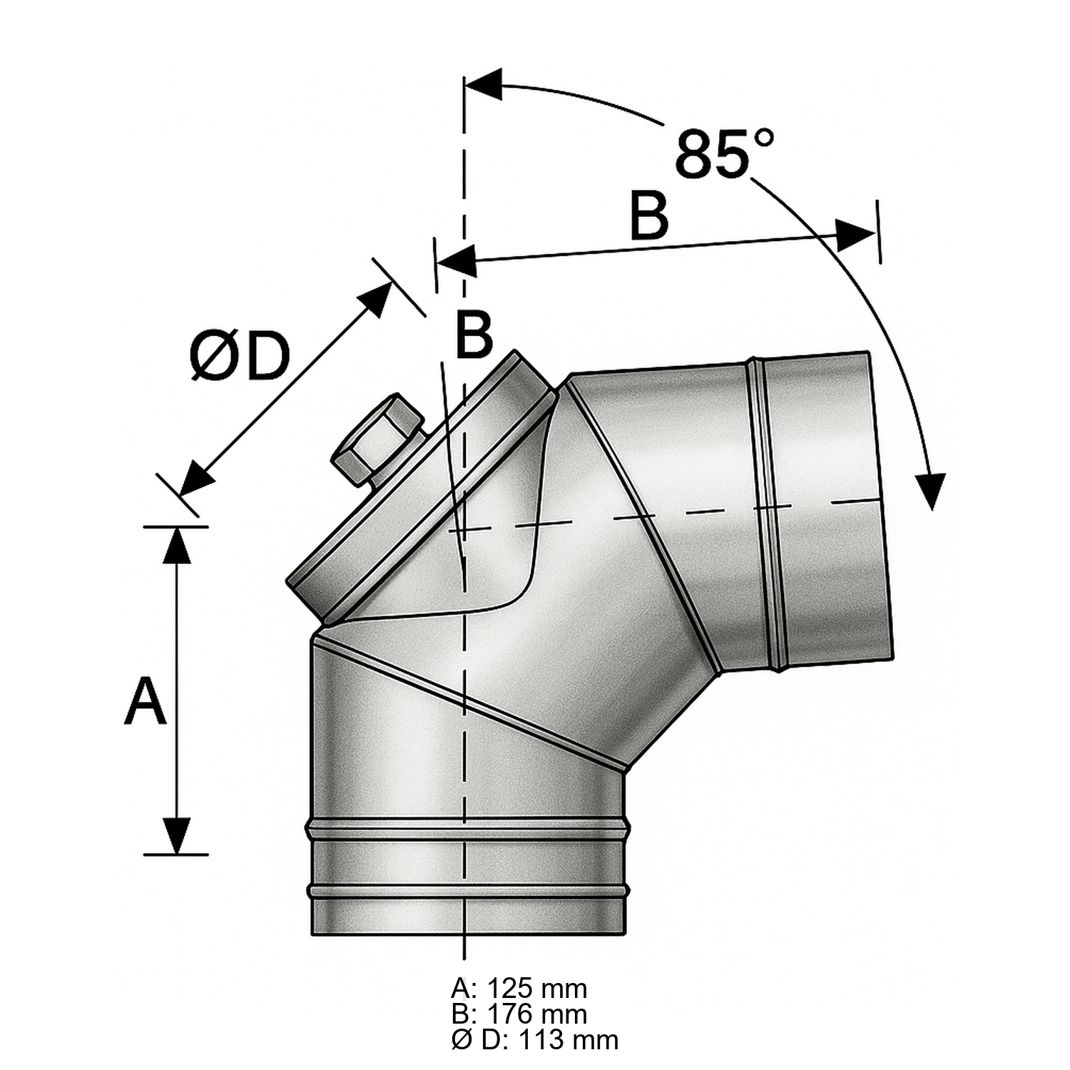 Schiedel PRIMA PLUS coude 85° Ø113 mm avec fermeture de révision pour huile/gaz simple paroi mat