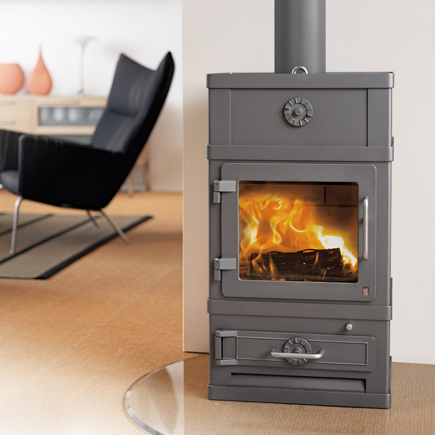 Poêle à bois Lotus 2060 gris, évacuation des fumées par le haut