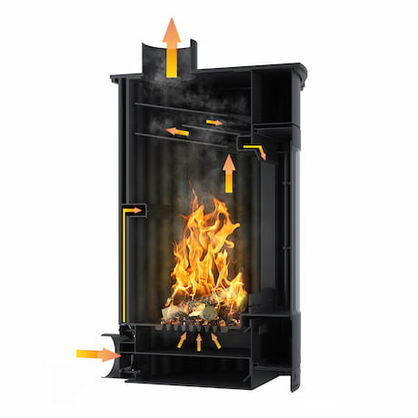 Coupe d’un poêle montrant le flux d’air et la combustion