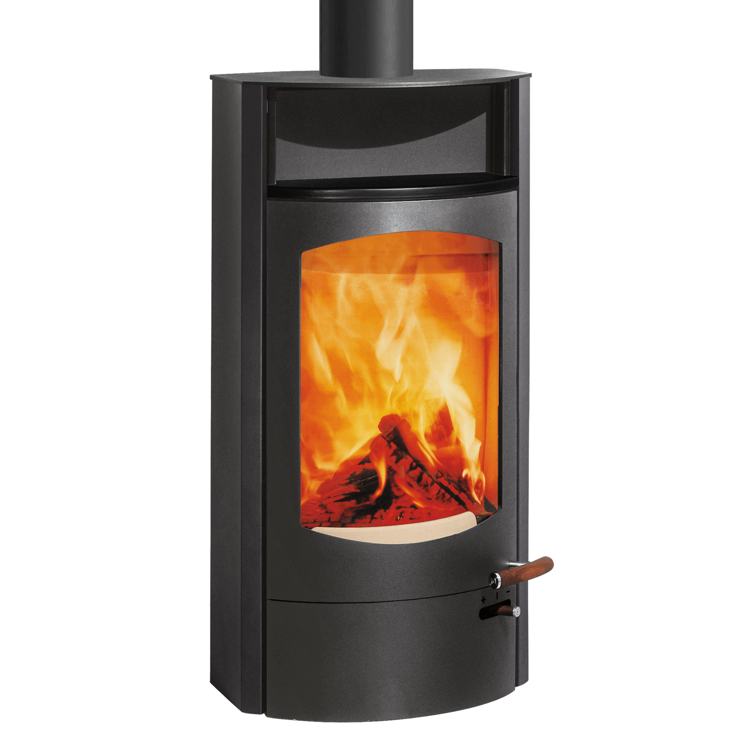 Austroflamm Koko 2.0 Poêle à bois en acier gris fonte, compartiment de maintien au chaud en céramique noire mate, plaque supérieure en fonte, sortie de fumée par le haut