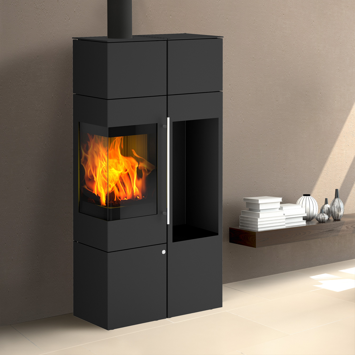Olsberg Ipala Smart Compact poêle à bois avec ouverture de porte à gauche, étagère en bois et module PowerBloc! inclus.