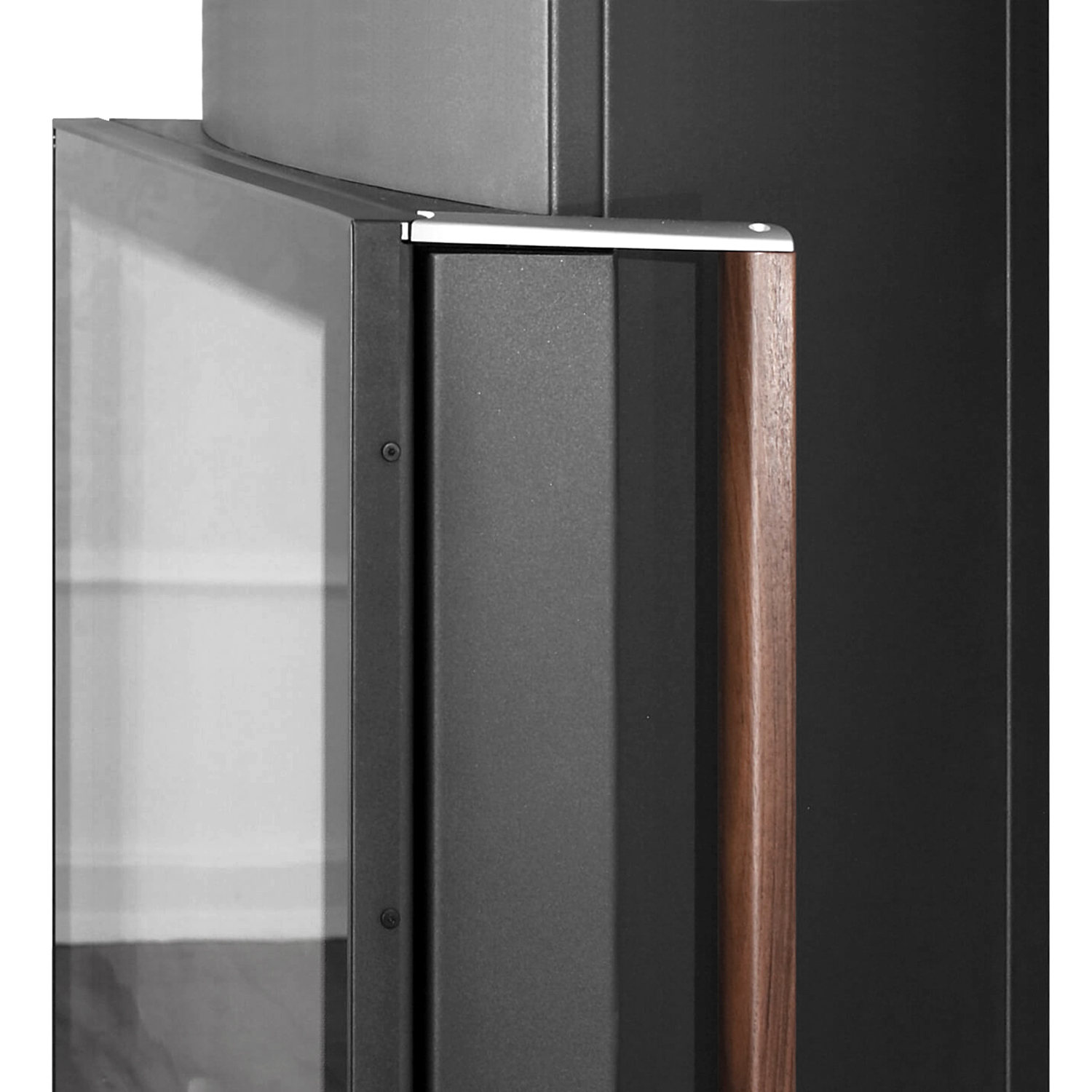 Austroflamm Lounge Xtra poêle à bois en acier gris fonte, raccordement de fumée par le haut ou à l'arrière.