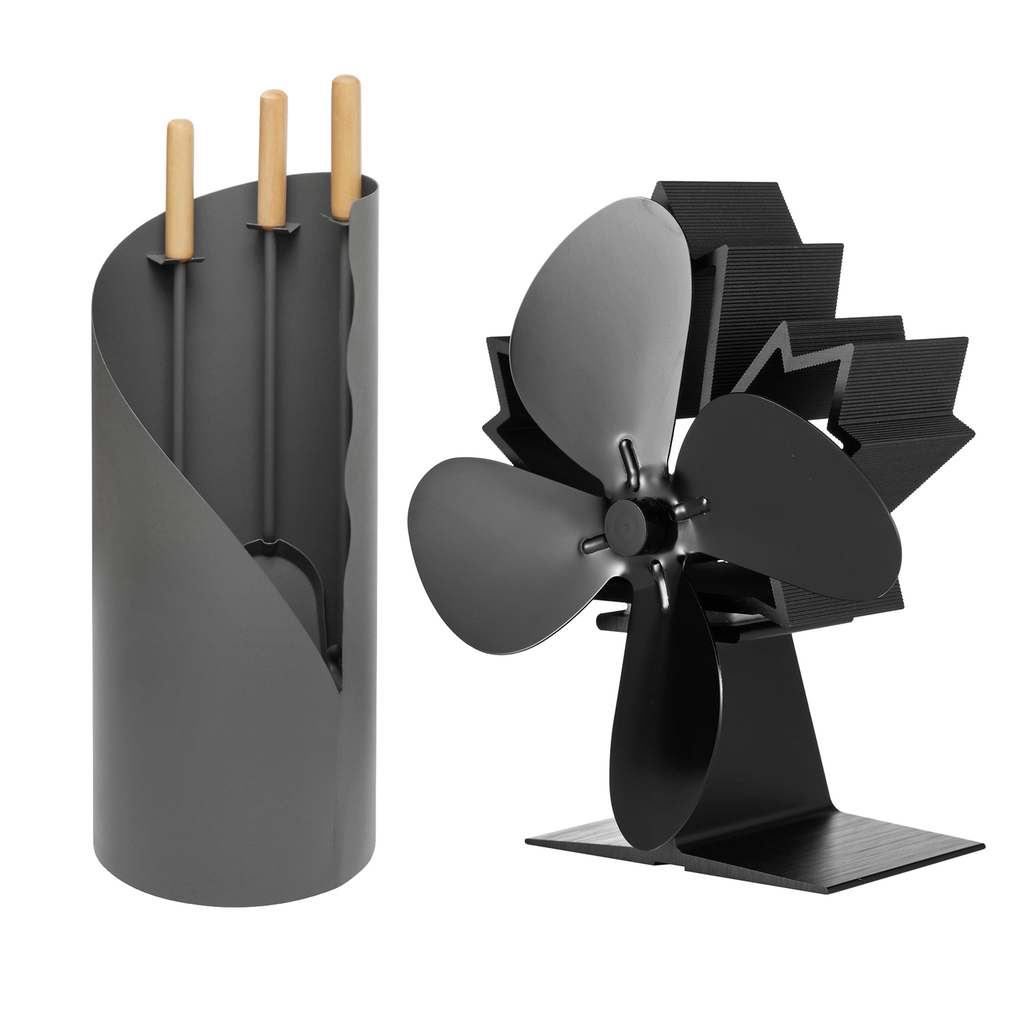 Ensemble d'accessoires de cheminée Raik Otto 3 pièces + ventilateur de cheminée sans électricité / ventilateur de poêle à 4 pales
