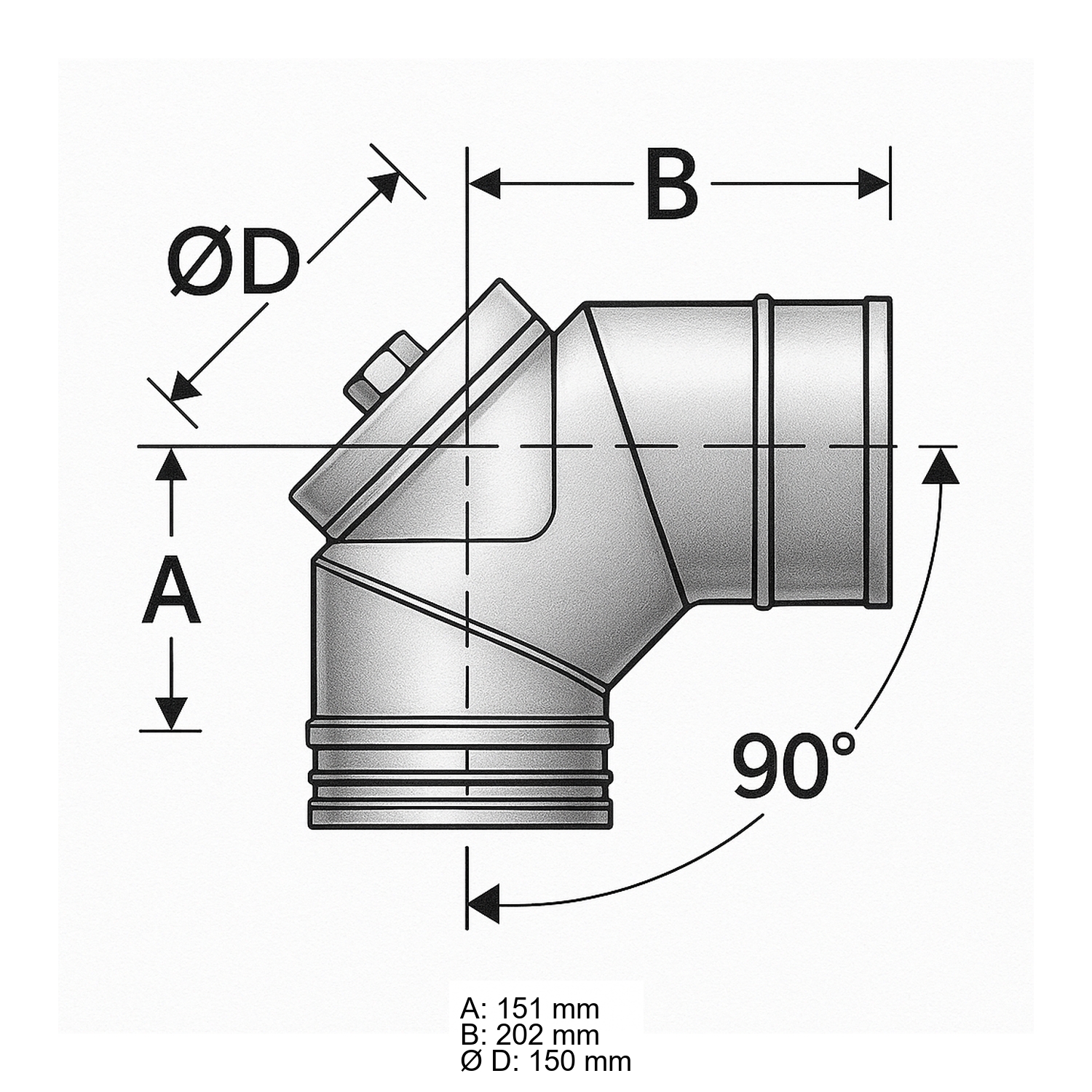 Schiedel PRIMA PLUS coude 90° Ø150 mm avec trappe de visite pour combustibles solides simple paroi mat