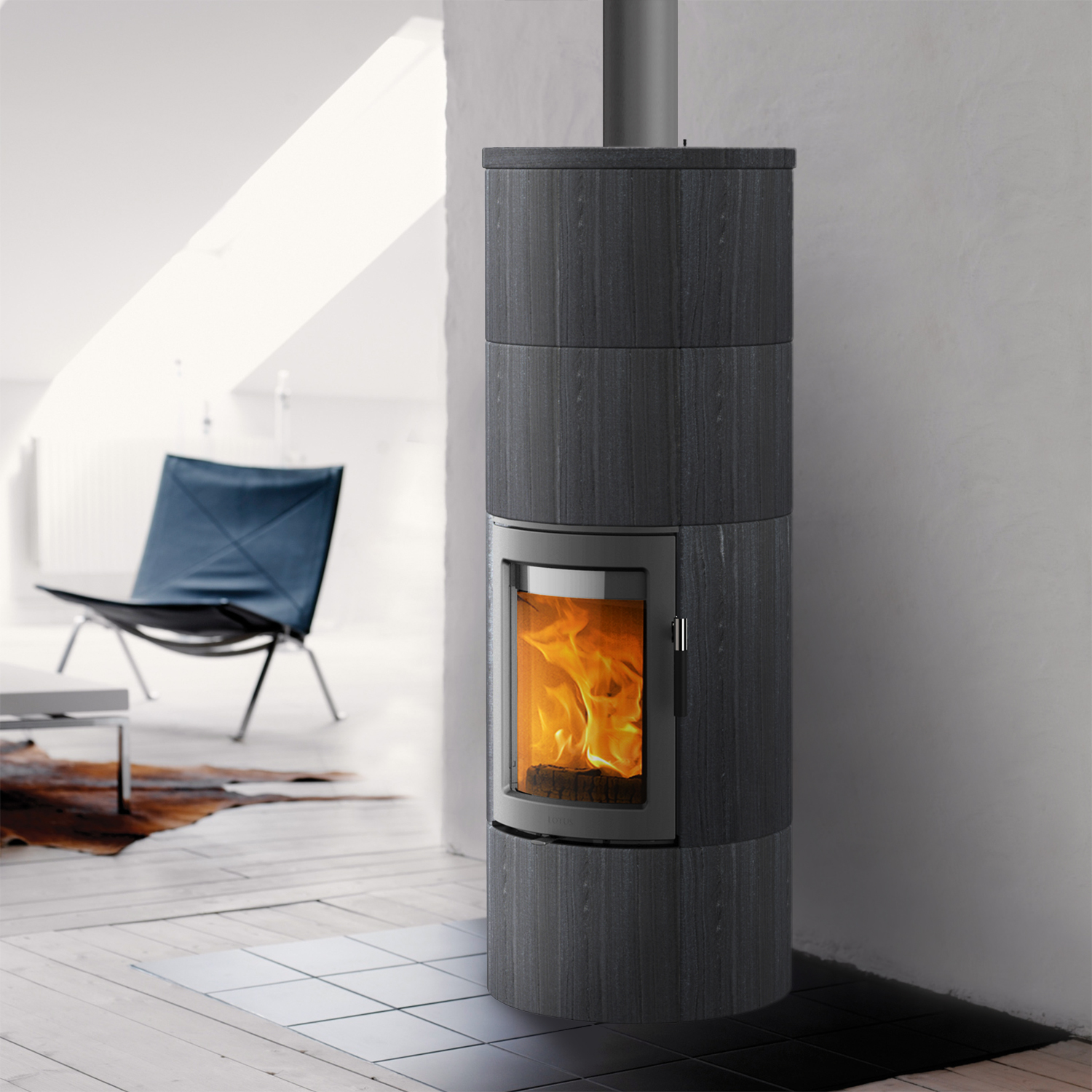 Lotus Maestro 2 Poêle à bois Indian Night, porte grise, sortie de fumée par le haut