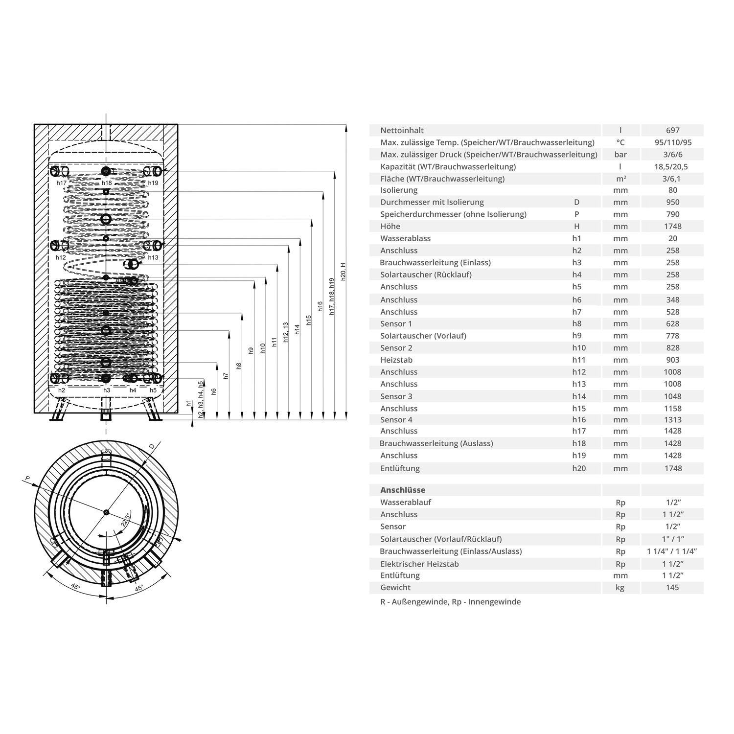 Réservoir combiné de stockage d'hygiène FISH S9 U 800 avec un échangeur de chaleur.