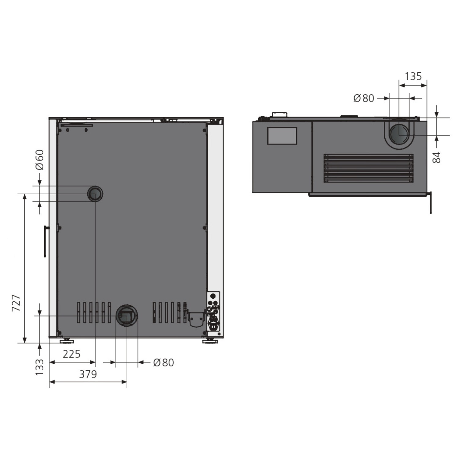 Oranier Boreas II poêle à granulés acier noir / pierre frittée blanc soie, tuyau de fumée arrière