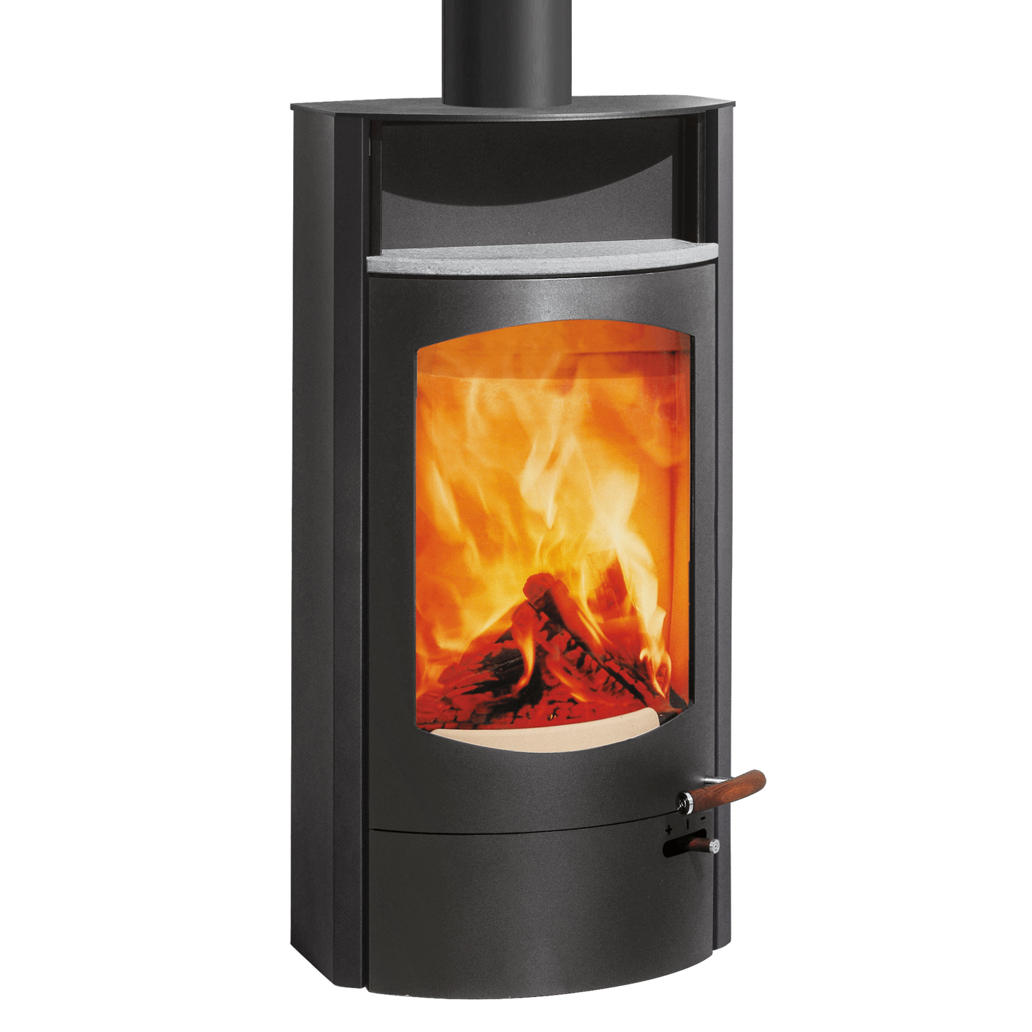Austroflamm Koko 2.0 Poêle à bois en acier gris fonte, compartiment de maintien au chaud en stéatite, plaque supérieure en fonte, sortie de fumée par le haut.