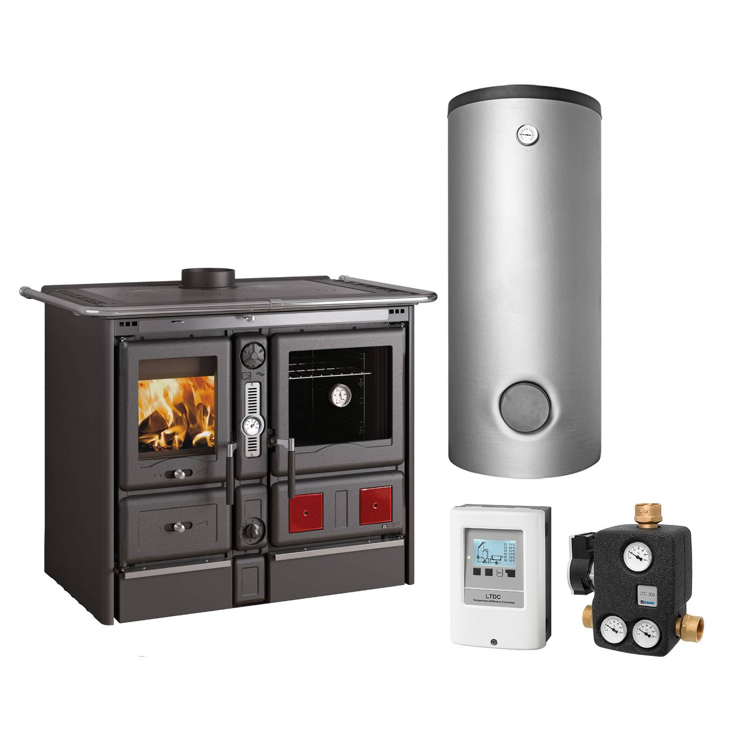 La Nordica Termorosa XXL DSA cuisinière à bois bouilleur noire ensemble complet avec accumulateur combiné THKE/F 825