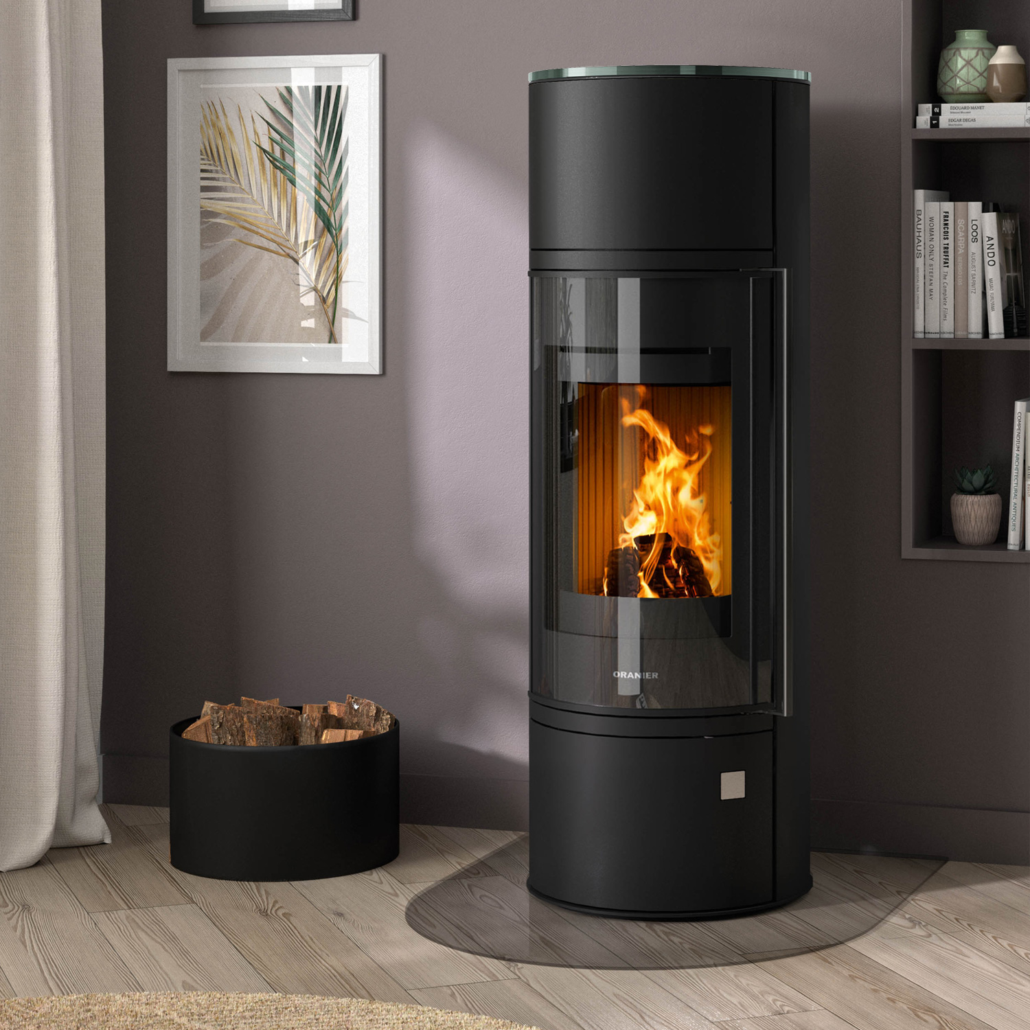 Oranier Arena W+ 2.0 Poêle à bois en acier noir avec plaque de recouvrement en verre