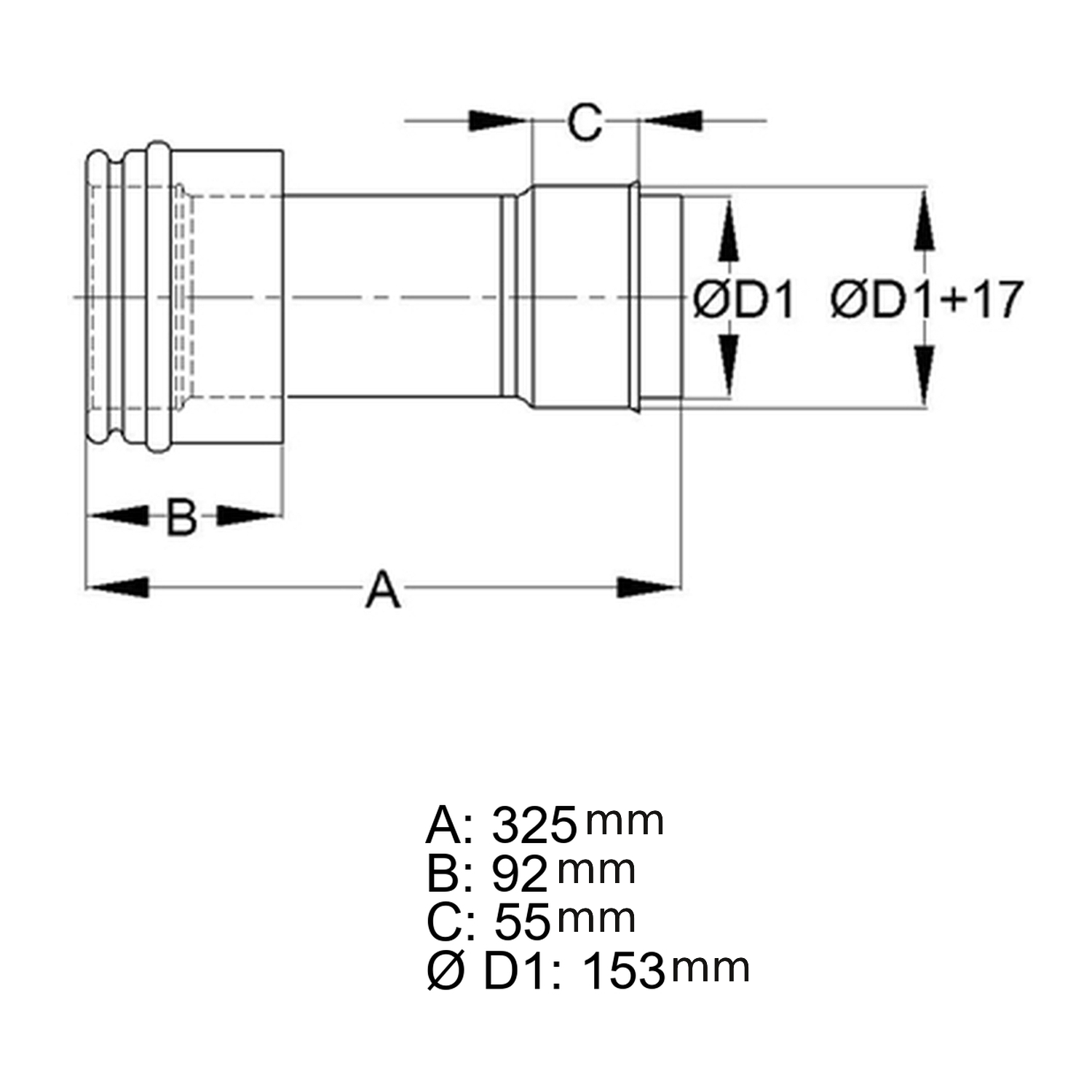Schiedel manchon de raccordement Ø160 simple paroi, raccourcissable pour ICS Ø180 mm double paroi brillant