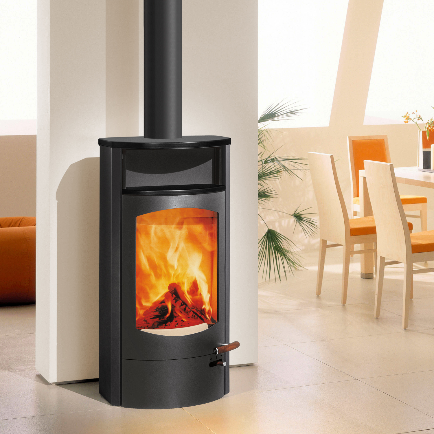 Austroflamm Koko 2.0 Poêle à bois en acier gris fonte, compartiment de maintien au chaud en céramique noir mat, plaque supérieure en céramique noir mat, RRA en haut