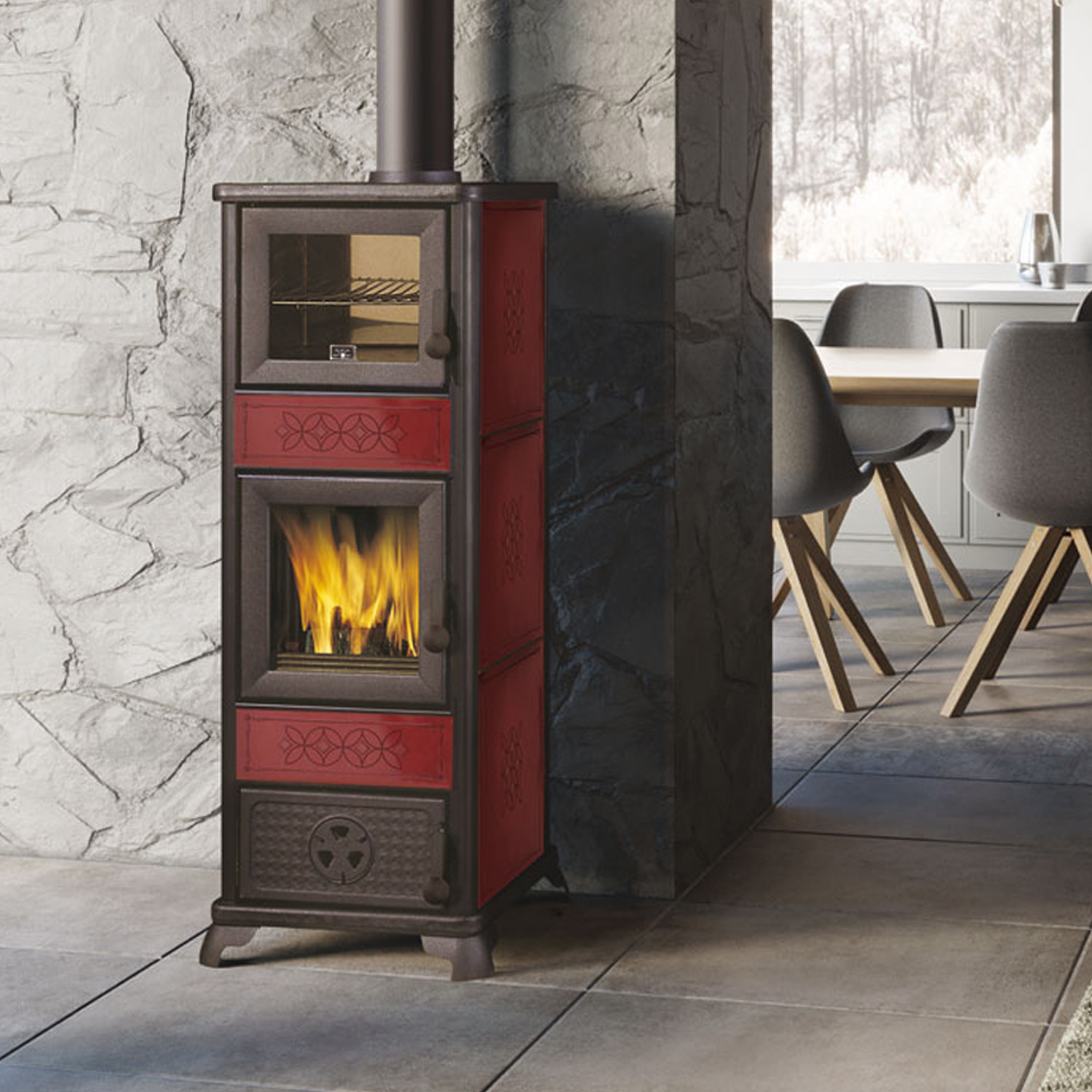 EK63 Decor C Evo Poêle à bois céramique bordeaux