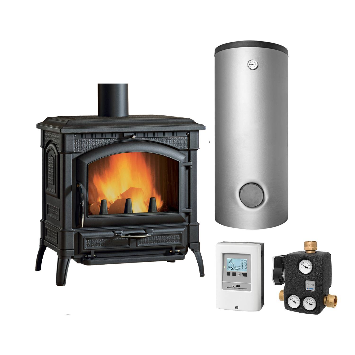 La Nordica Termoisotta DSA, poêle à bois hydraulique – set complet avec ballon tampon 500 L + 2 échangeurs solaires