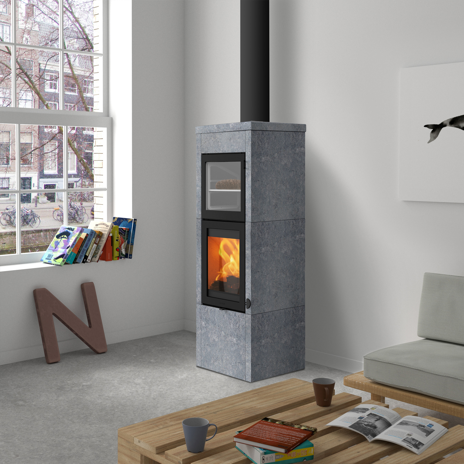 Lotus QM40 Poêle à bois en stéatite / Porte noire avec compartiment de cuisson, sortie de fumée par le haut