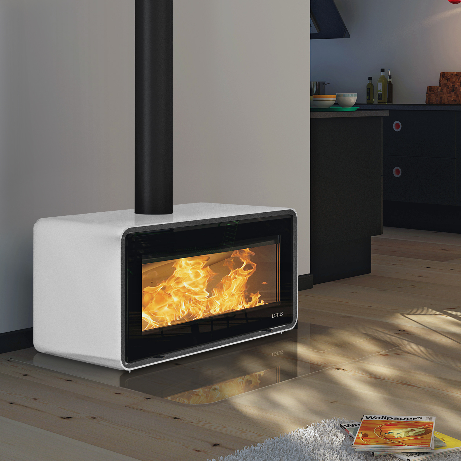 Poêle à bois Lotus Living Alpina White, sortie de fumée par le haut