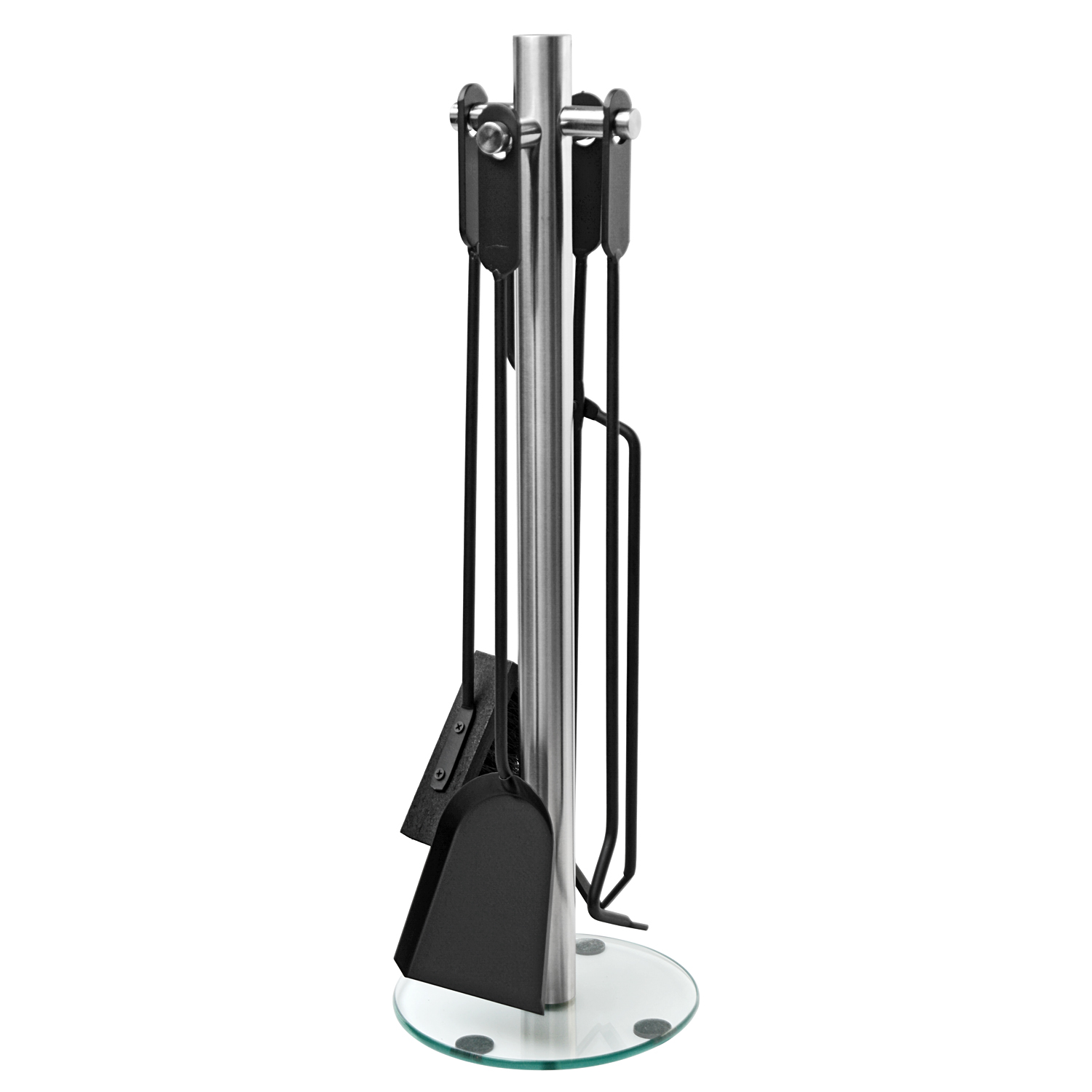Ensemble d'outils de cheminée Cajus, 4 pièces, en acier inoxydable avec socle en verre, 66 cm Ensemble d'outils de cheminée Cajus, 4 pièces, en acier inoxydable avec socle en verre, 66 cm