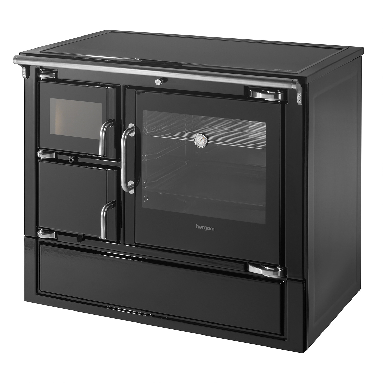 Hergom Eclecsys 100 SE cuisinière en fonte noire, avec couvercle de cuisinière en vitrocéramique.