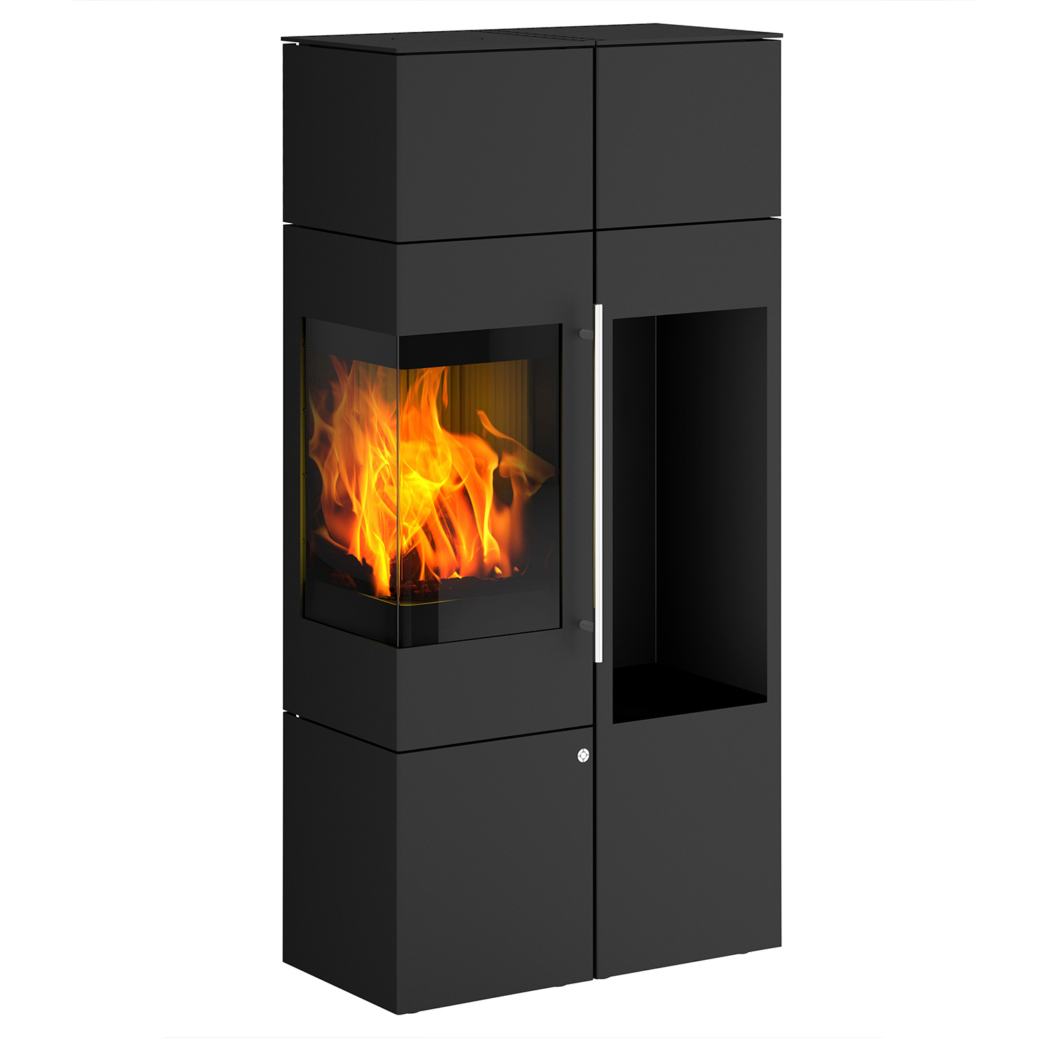 Olsberg Ipala Smart Compact poêle à bois avec ouverture de porte à gauche, étagère en bois et module PowerBloc! inclus.