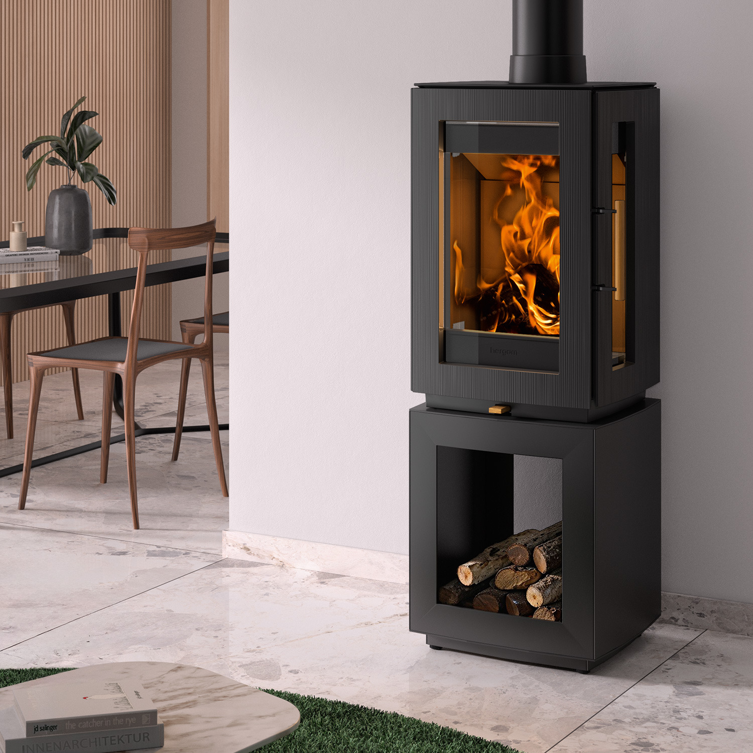 Poêle à bois Hergom Glow en fonte noire avec compartiment de rangement pour le bois