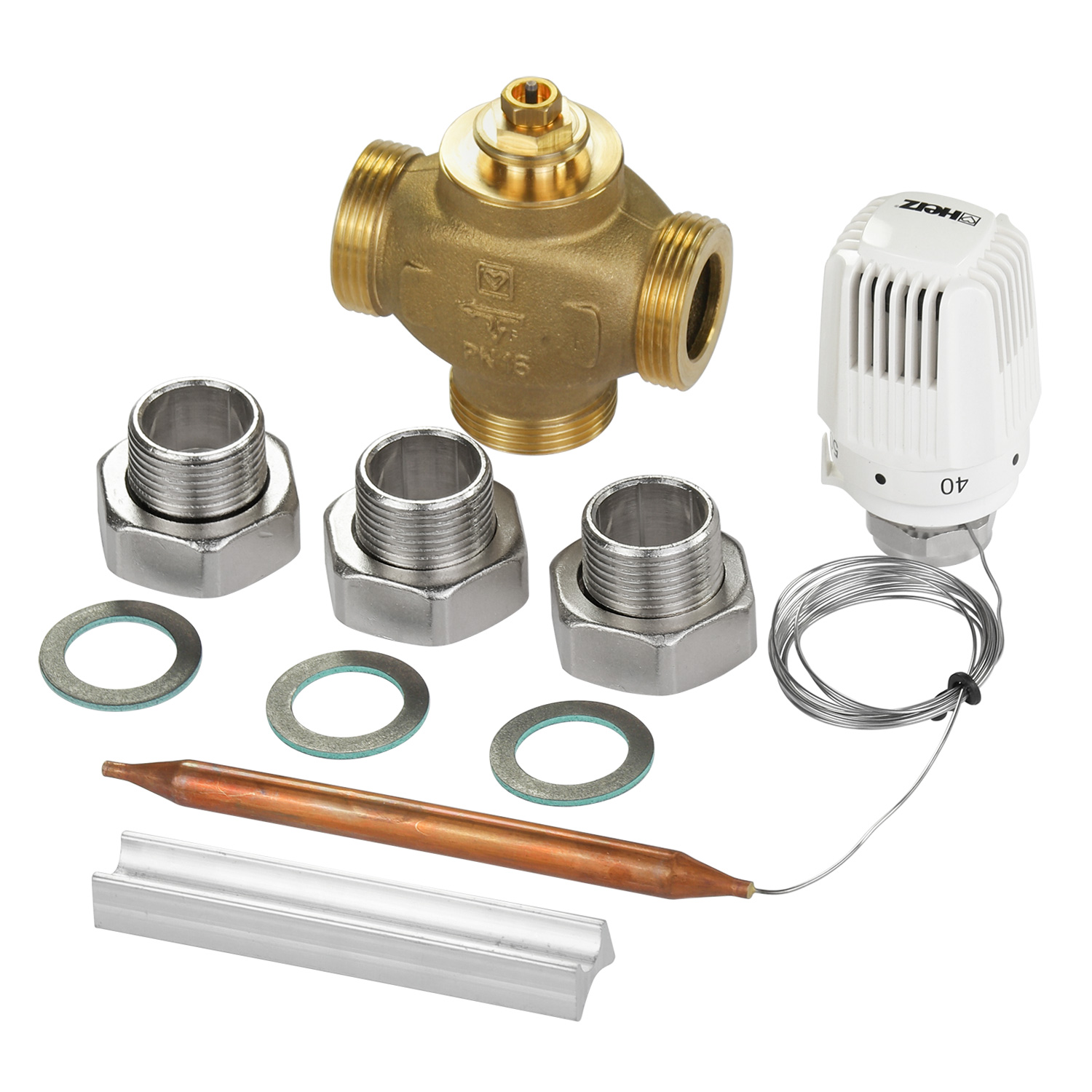 ATMOS vanne de répartition à 3 voies DN25 avec 3 raccords + tête thermostatique 40-70 °C