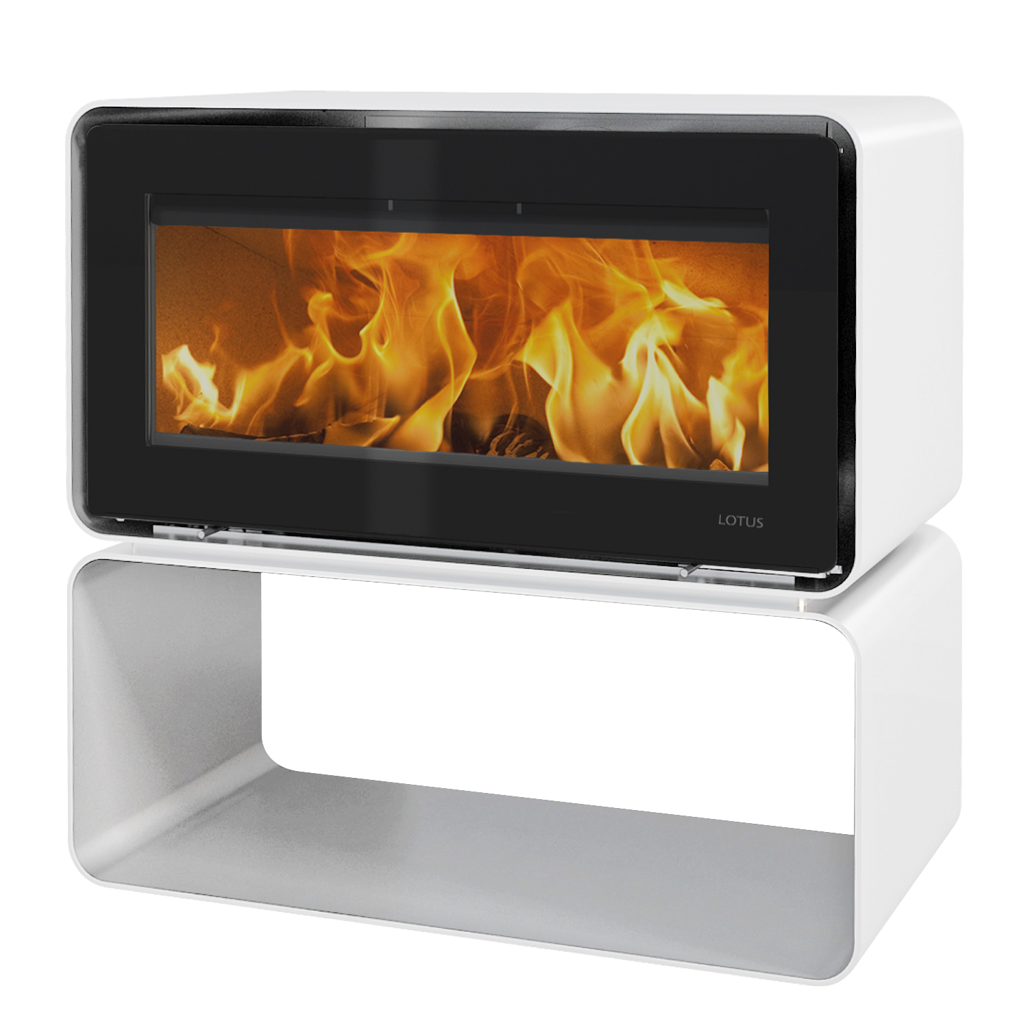 Poêle à bois Lotus Living Cube Alpin White, évacuation des fumées à l'arrière