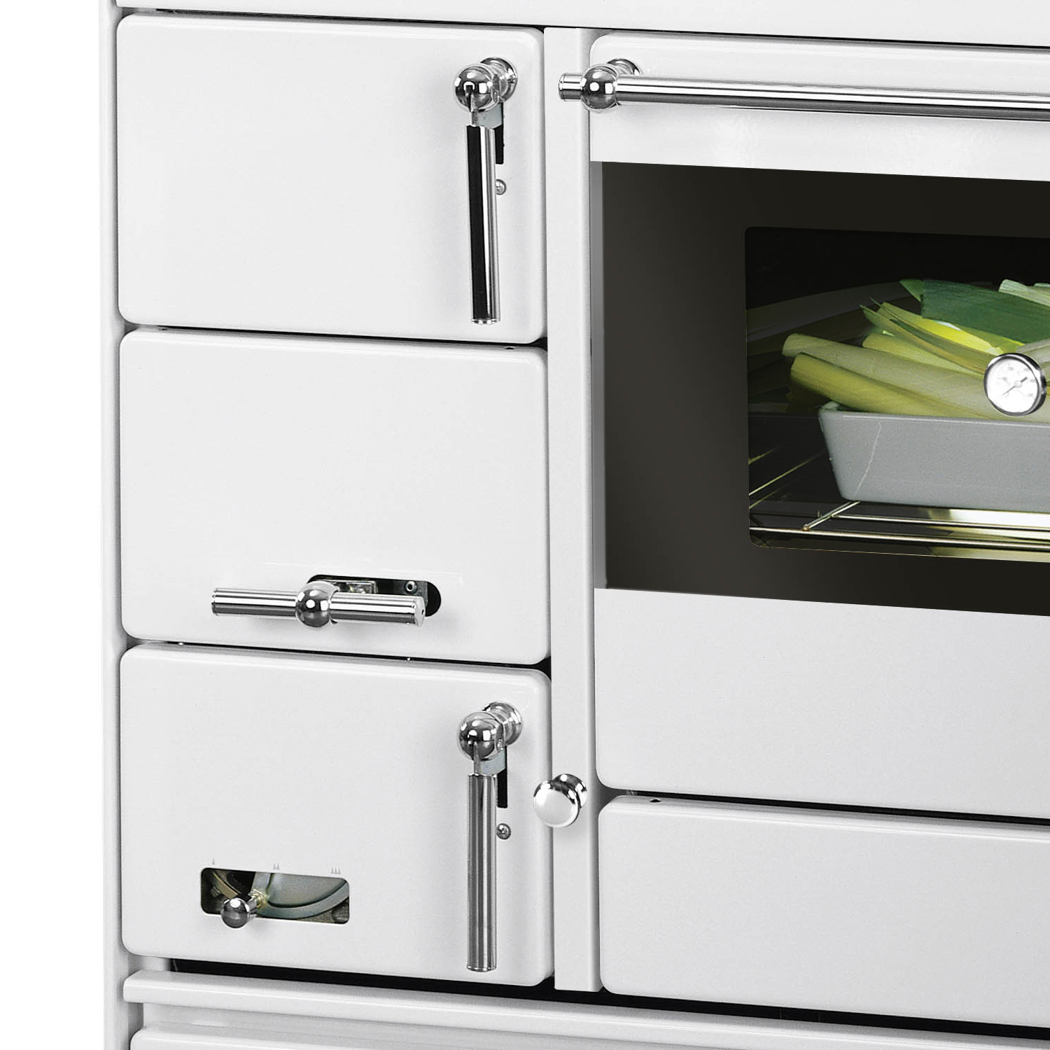 Justus Linz cuisinière à bois blanc chromé, droite