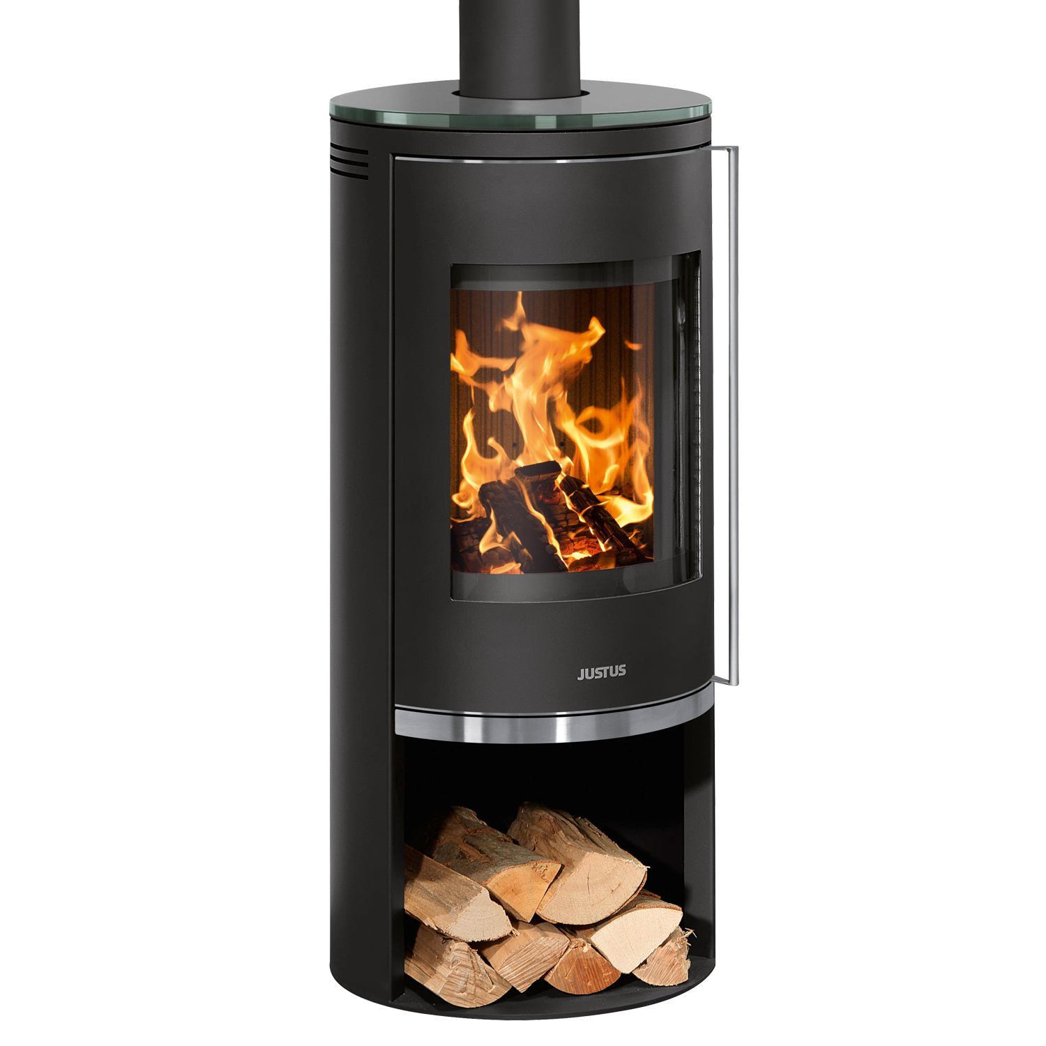 Justus Faro 2.0 Poêle à bois en acier noir avec plaque de recouvrement en verre