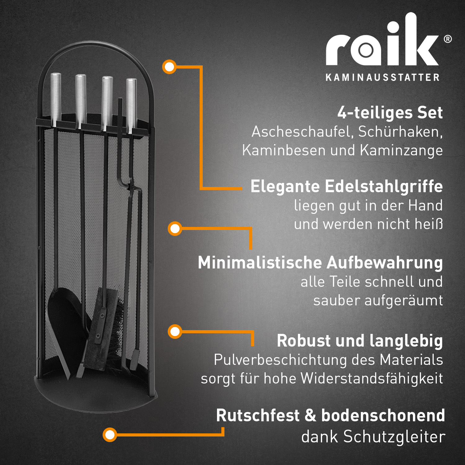 Ensemble d'accessoires de cheminée Albert, 4 pièces, noir, poignées en acier inoxydable, 66 cm