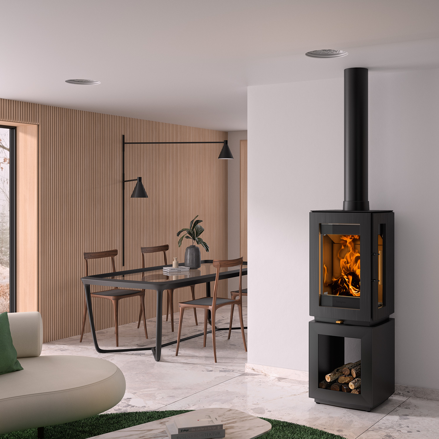 Poêle à bois Hergom Glow en fonte noire avec compartiment de rangement pour le bois