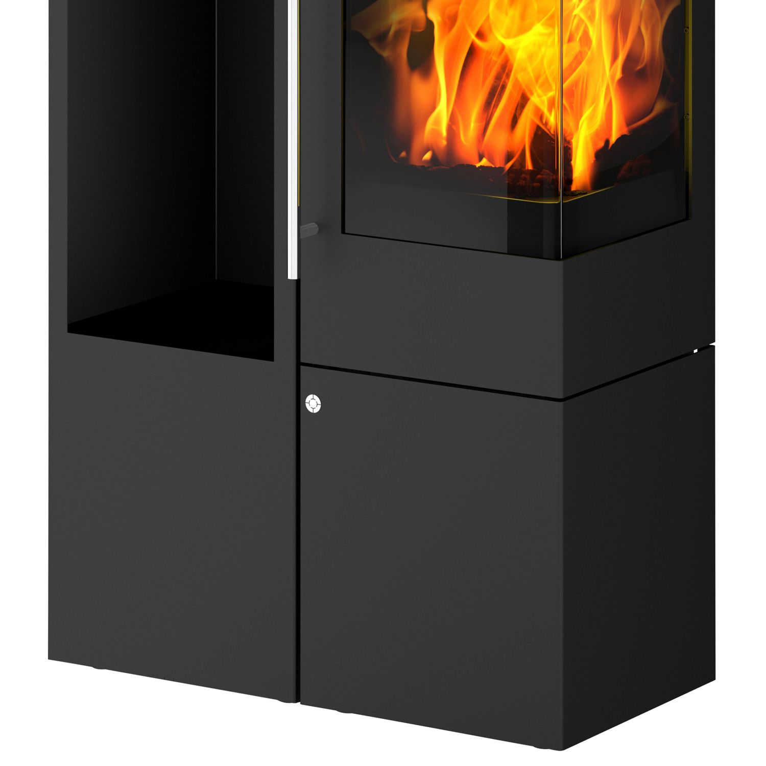 Olsberg Ipala Smart Compact poêle à bois en acier noir, ouverture de porte à droite, porte en acier avec module de stockage et étagère à bois à gauche.