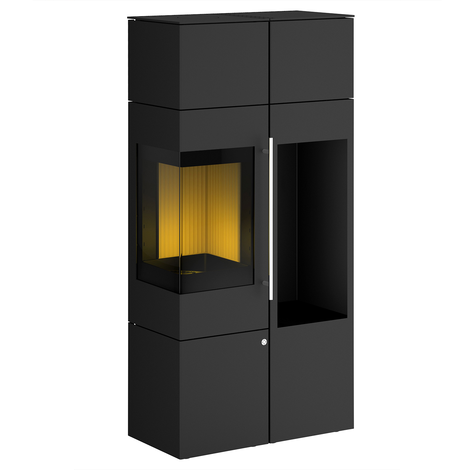 Olsberg Ipala Smart Compact poêle à bois avec ouverture de porte à gauche, étagère en bois et module PowerBloc! inclus.